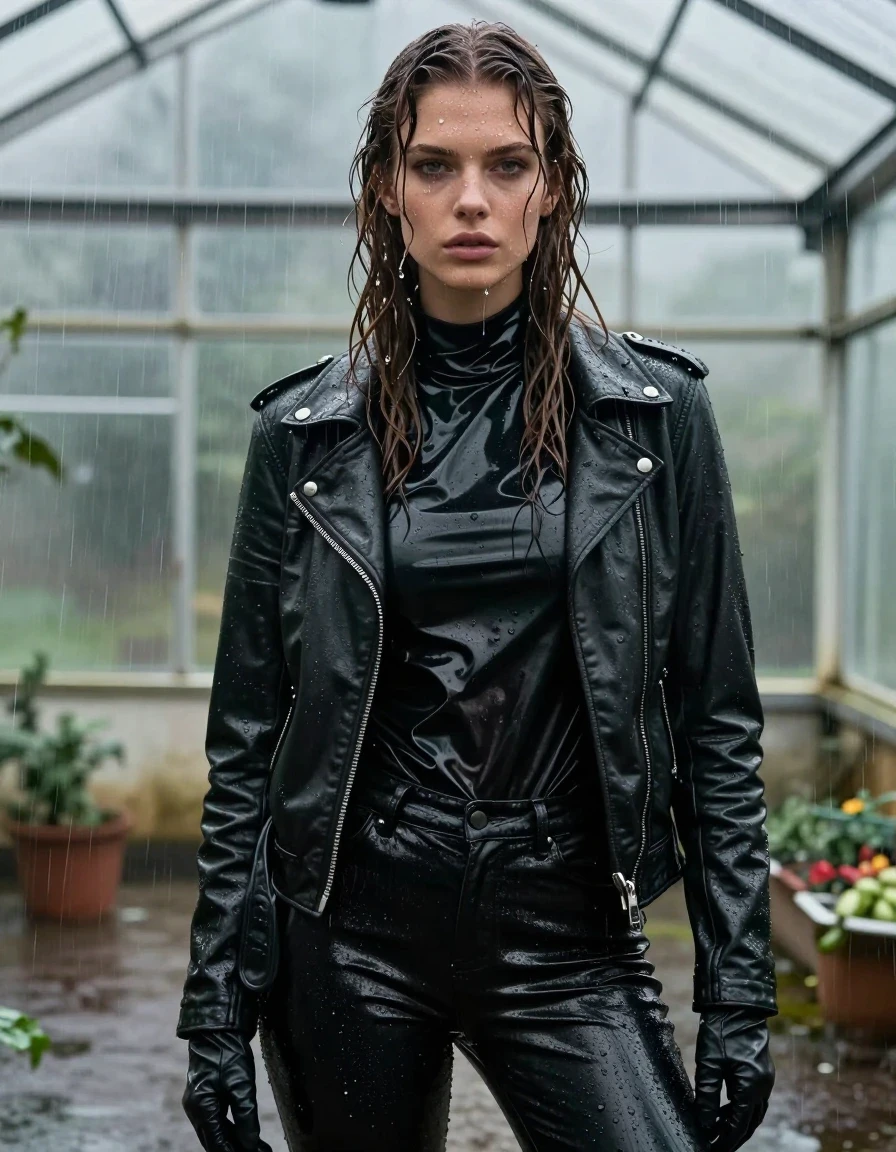 A stunning close-up portrait of a young adult European woman with long, dripping wet brown hair plastered against her face and shoulders. She has glistening, rain-drenched skin with water droplets cascading down her cheeks. She is wearing an oversize black vinyl polar neck shirt that clings to her frame, layered under a heavy black biker's leather jacket with a high-gloss sheen. Her hands are encased in fitted black leather gloves. She wears tight black leather jeans that are heavily soaked, clinging to her legs with deep, dark, wet folds and intense specular highlights catching the light. She is standing inside a leaking greenhouse during a torrential downpour, with rain visible in the air, creating a drenched, moody atmosphere. The fabric of her clothes is visibly saturated, heavy, and damp, with water sheen and clinging textures throughout. The lighting is cinematic and moody, emphasizing the wet textures of the leather and vinyl against the backdrop of the greenhouse structure. High-resolution, photorealistic, sharp focus, 8k, professional photography, no nudity.