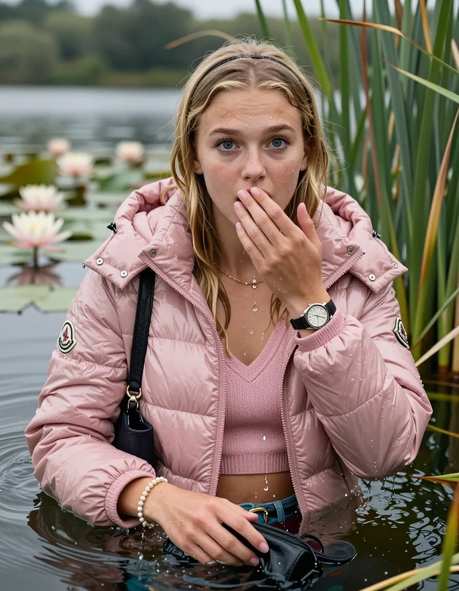 photo of young woman, in soaking wet, drenched clothes,
, , Pink Moncler shiny puffer down jacket, Knit v-neck slipover belly free, shoulderbag, pearl necklace, bracelet, wristwatch, Go back in the water after diving in a lake with water lilies and reeds, 
enjoying, wet clothes stuck to body,
detailed textures of the wet clothes, wet face, wet plastered hair,
wet, drenched, professional, high-quality details, full body view.
sharp focus, ultra-high pixel detail, realistic, high-quality, full colors, incredibly detailed, 4k, 8k, 16k, hyper-realistic, RAW photo, masterpiece, ultra-detailed, professionally color graded, professional photograph, Blonde sleek Long straight hair, hairband

15 years old  teenage girl

Looking at camera, open mouth, horny eyes. Cover her mouth with her hand. Whole body and shoulders are submerged under the surface.

she is completely underwater up to her neck,  shocked expression.

She hides in the reeds.

her submerged clothes are hardly visible under water, she soaked her handbag into the water. 

her clothing is soaking wet and clinging tightly to her skin, her clothes are heavy from the water, water runs from her body and her clothes in streams. A lot of water also runs out of her clothes. Her clothes are darkened by the water. Her submerged clothes are good visible under the water.  she soaked her handbag into the water.

close up view, wet skin, wet clothes, wet hair, damp fabric, water runs down the clothes, wet skin, wet clothes, damp fabric. cinematic medium shot, hyper-realistic wetness, high-contrast water sheen, sharp focus, 16k resolution, professional photography, realistic water physics., wet skin, wet clothes, damp fabric, wet skin, wet clothes, damp fabric, wet skin, wet clothes, damp fabric, wet skin, wet clothes, damp fabric