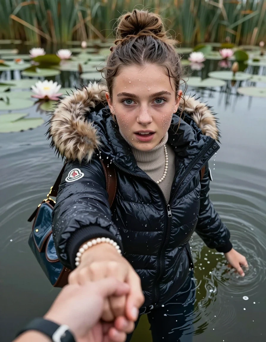 photo of young woman, in soaking wet, drenched clothes,
, , Moncler shiny puffer down jacket with fur, tight turtleneck sweater belly free, shoulderbag, pearl necklace, bracelet, wristwatch, Go back deep into the water after diving in a lake with water lilies and reeds, 
enjoying, wet clothes stuck to body,
detailed textures of the wet clothes, wet face, wet plastered hair,
wet, drenched, professional, high-quality details, full body view.
sharp focus, ultra-high pixel detail, realistic, high-quality, full colors, incredibly detailed, 4k, 8k, 16k, hyper-realistic, RAW photo, masterpiece, ultra-detailed, professionally color graded, professional photograph, Topknot

15 years old  teenage girl

Looking up at camera, open mouth, big eyes. hold with a hand the other the viewer's hand, pulling them toward the center of the water. One hand take a Selfie. Whole body and shoulders are submerged under the surface. Looking up at camera. horny eyes.

she is completely underwater up to her neck,  afraid and astonished expression. Slightly smile.

her submerged clothes are hardly vusible under water, she soaked her handbag into the water
she is completely underwater up to her neck, afraid and astonished expression. 

her clothing is soaking wet and clinging tightly to her skin, showing heavy wet folds, darkened fabric texture, and deep water-saturated Patches, her clothes are heavy from the water, water runs from her body and her clothes in streams. A lot of water also runs out of her clothes. Her clothes are darkened by the water. Her submerged clothes are good visible under the water.  she soaked her handbag into the water.

close up view, wet skin, wet clothes, wet hair, damp fabric, water runs down the clothes, wet skin, wet clothes, damp fabric. cinematic medium shot, hyper-realistic wetness, high-contrast water sheen, sharp focus, 16k resolution, professional photography, realistic water physics., wet skin, wet clothes, damp fabric, wet skin, wet clothes, damp fabric, wet skin, wet clothes, damp fabric
