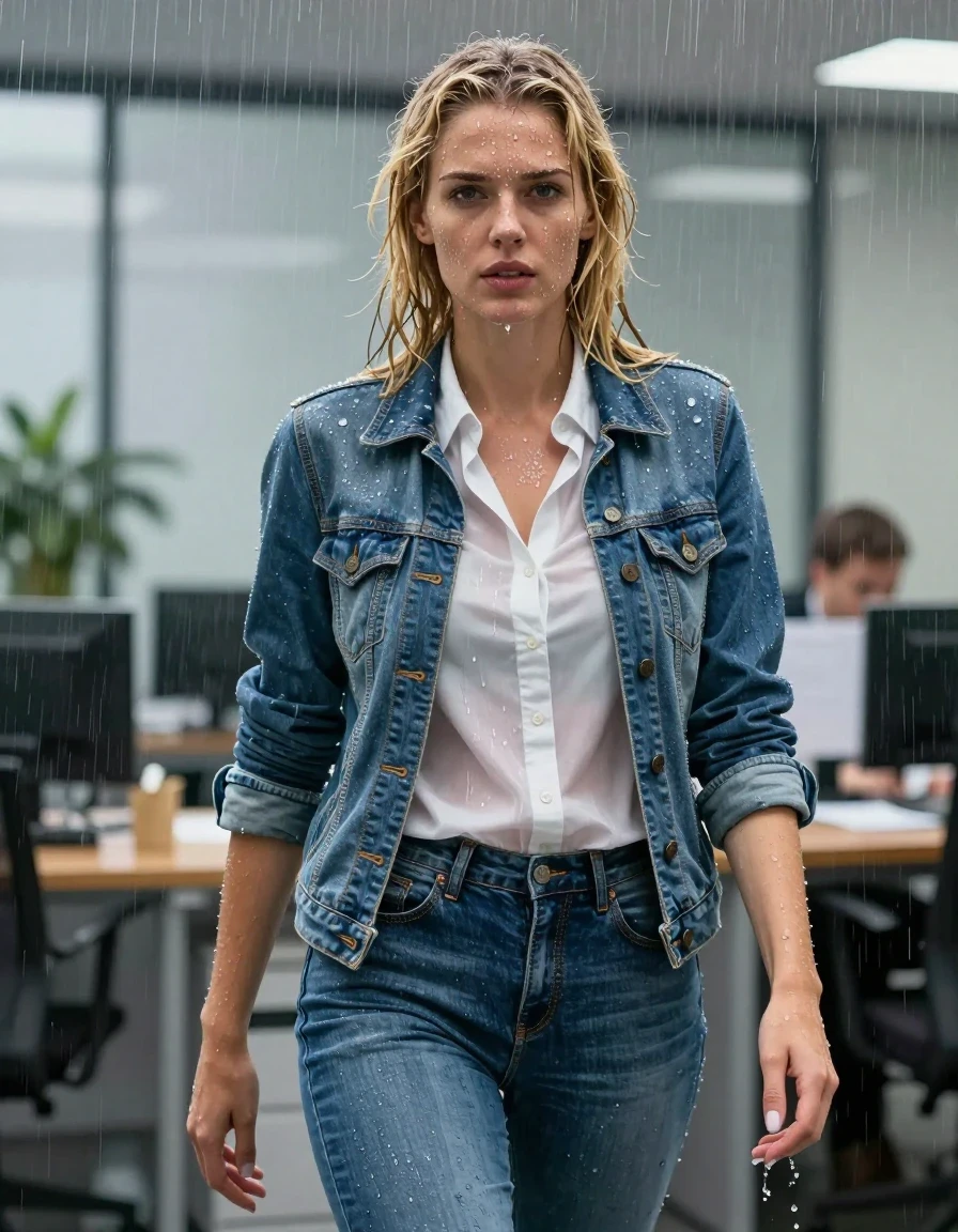 photo of young woman, in soaking wet, drenched clothes,
blue jeans, white shirt blouse, jeans jacket, office, 
enjoying, wet clothes stuck to body,
detailed textures of the wet clothes, wet face, wet plastered hair,
wet, drenched, professional, high-quality details, full body view.
sharp focus, ultra-high pixel detail, realistic, high-quality, full colors, incredibly detailed, 4k, 8k, 16k, hyper-realistic, RAW photo, masterpiece, ultra-detailed, professionally color graded, professional photograph, dripping wet, heavy rain, nasse haare, blond, ganzkörper, wet skin, wet clothes, damp fabric