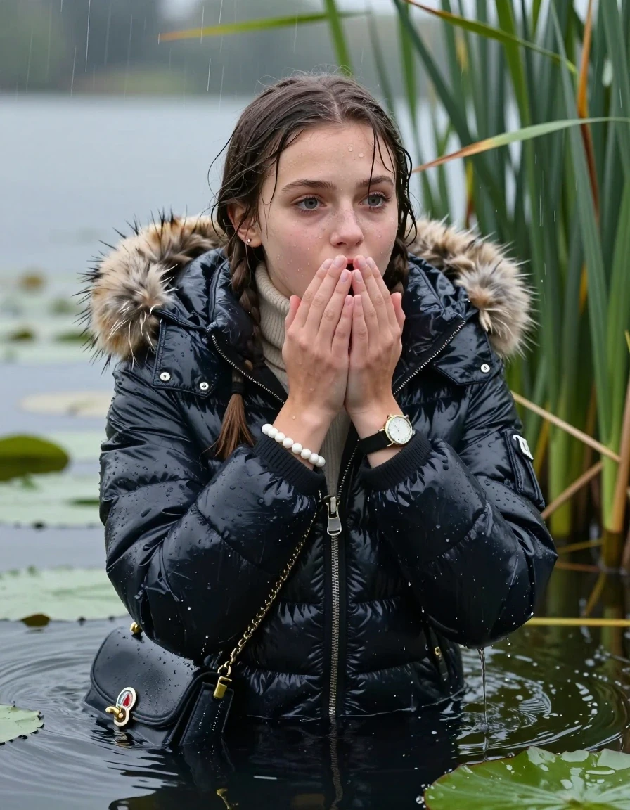 photo of young woman, in soaking wet, drenched clothes,
, , Moncler shiny puffer down jacket with fur, tight turtleneck sweater with wide neckline belly free, handbag, pearl necklace, bracelet, wristwatch , Emerging after diving in a lake with water lilies and reeds, rain , 
enjoying, wet clothes stuck to body,
detailed textures of the wet clothes, wet face, wet plastered hair,
wet, drenched, professional, high-quality details, full body view.
sharp focus, ultra-high pixel detail, realistic, high-quality, full colors, incredibly detailed, 4k, 8k, 16k, hyper-realistic, RAW photo, masterpiece, ultra-detailed, professionally color graded, professional photograph, Pigtails

15 years old  teenage girl

Laying her breast on the surface.  Looking slightly away. Hold her hands on her mouth.Open mouth, big eyes.

she is completely underwater up to her neck, afraid and astonished expression. 

She hides in the reeds and is surprised by spectators

her submerged clothes are hardly visible under water, she soaked her handbag into the water

her clothing is soaking wet and clinging tightly to her skin, showing heavy wet folds, darkened fabric texture, and deep water-saturated Patches, her clothes are heavy from the water, water runs from her body and her clothes in streams. A lot of water also runs out of her clothes. Her clothes are darkened by the water. Her submerged clothes are good visible under the water.  she soaked her handbag into the water.

close up view, wet skin, wet clothes, wet hair, damp fabric, water runs down the clothes, wet skin, wet clothes, damp fabric. cinematic medium shot, hyper-realistic wetness, high-contrast water sheen, sharp focus, 16k resolution, professional photography, realistic water physics., wet skin, wet clothes, damp fabric, wet skin, wet clothes, damp fabric