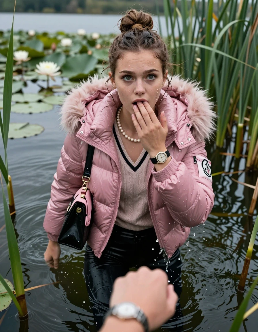 photo of young woman, in soaking wet, drenched clothes,
, black leatherleggings , Pink Moncler shiny puffer down coat with fur, v-neck sweater, shoulderbag, pearl necklace, bracelet, wristwatch, Go back in the water after diving in a lake with water lilies and reeds, 
enjoying, wet clothes stuck to body,
detailed textures of the wet clothes, wet face, wet plastered hair,
wet, drenched, professional, high-quality details, full body view.
sharp focus, ultra-high pixel detail, realistic, high-quality, full colors, incredibly detailed, 4k, 8k, 16k, hyper-realistic, RAW photo, masterpiece, ultra-detailed, professionally color graded, professional photograph, Topknot

15 years old  teenage girl

Looking up, head in the neck, open mouth, big eyes. 0ne hand on her mouth, hold with the other the viewer's hand, pulling them toward the center of the water.  Whole body and shoulders are submerged under the surface. Looking up at camera. horny eyes.

she is completely underwater up to her neck,  afraid and sexuell astonished expression.

She hides in the reeds.

her submerged clothes are hardly vusible under water, she soaked her handbag into the water
she is completely underwater up to her neck, afraid and astonished expression. 

her clothing is soaking wet and clinging tightly to her skin, showing heavy wet folds, darkened fabric texture, and deep water-saturated Patches, her clothes are heavy from the water, water runs from her body and her clothes in streams. A lot of water also runs out of her clothes. Her clothes are darkened by the water. Her submerged clothes are good visible under the water.  she soaked her handbag into the water.

close up view, wet skin, wet clothes, wet hair, damp fabric, water runs down the clothes, wet skin, wet clothes, damp fabric. cinematic medium shot, hyper-realistic wetness, high-contrast water sheen, sharp focus, 16k resolution, professional photography, realistic water physics., wet skin, wet clothes, damp fabric, wet skin, wet clothes, damp fabric, wet skin, wet clothes, damp fabric