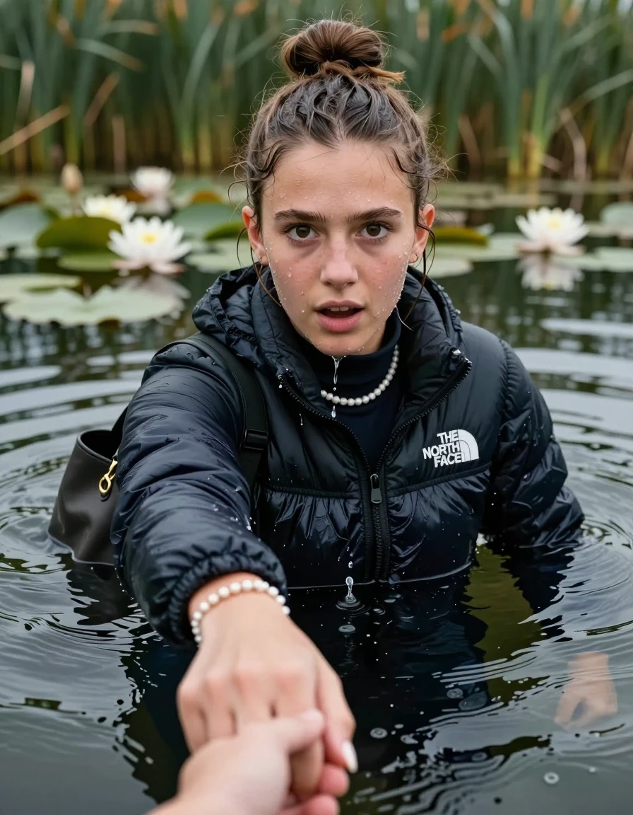 photo of young woman, in soaking wet, drenched clothes,
, , North face puffer down jacket, tight turtleneck sweater belly free, shoulderbag, pearl necklace, bracelet, wristwatch, Go back deep into the water after diving in a lake with water lilies and reeds, 
enjoying, wet clothes stuck to body,
detailed textures of the wet clothes, wet face, wet plastered hair,
wet, drenched, professional, high-quality details, full body view.
sharp focus, ultra-high pixel detail, realistic, high-quality, full colors, incredibly detailed, 4k, 8k, 16k, hyper-realistic, RAW photo, masterpiece, ultra-detailed, professionally color graded, professional photograph, Topknot

15 years old  teenage girl

Looking up at camera, open mouth, big eyes. hold with a hand the other the viewer's hand, pulling them toward the center of the water. One hand in front of her face. Whole body and shoulders are submerged under the surface. Looking up at camera. horny eyes.

she is completely underwater up to her neck,  afraid and astonished expression. Slightly smile.

her submerged clothes are hardly vusible under water, she soaked her handbag into the water
she is completely underwater up to her neck, afraid and astonished expression. 

her clothing is soaking wet and clinging tightly to her skin, showing heavy wet folds, darkened fabric texture, and deep water-saturated Patches, her clothes are heavy from the water, water runs from her body and her clothes in streams. A lot of water also runs out of her clothes. Her clothes are darkened by the water. Her submerged clothes are good visible under the water.  she soaked her handbag into the water.

close up view, wet skin, wet clothes, wet hair, damp fabric, water runs down the clothes, wet skin, wet clothes, damp fabric. cinematic medium shot, hyper-realistic wetness, high-contrast water sheen, sharp focus, 16k resolution, professional photography, realistic water physics., wet skin, wet clothes, damp fabric, wet skin, wet clothes, damp fabric, wet skin, wet clothes, damp fabric