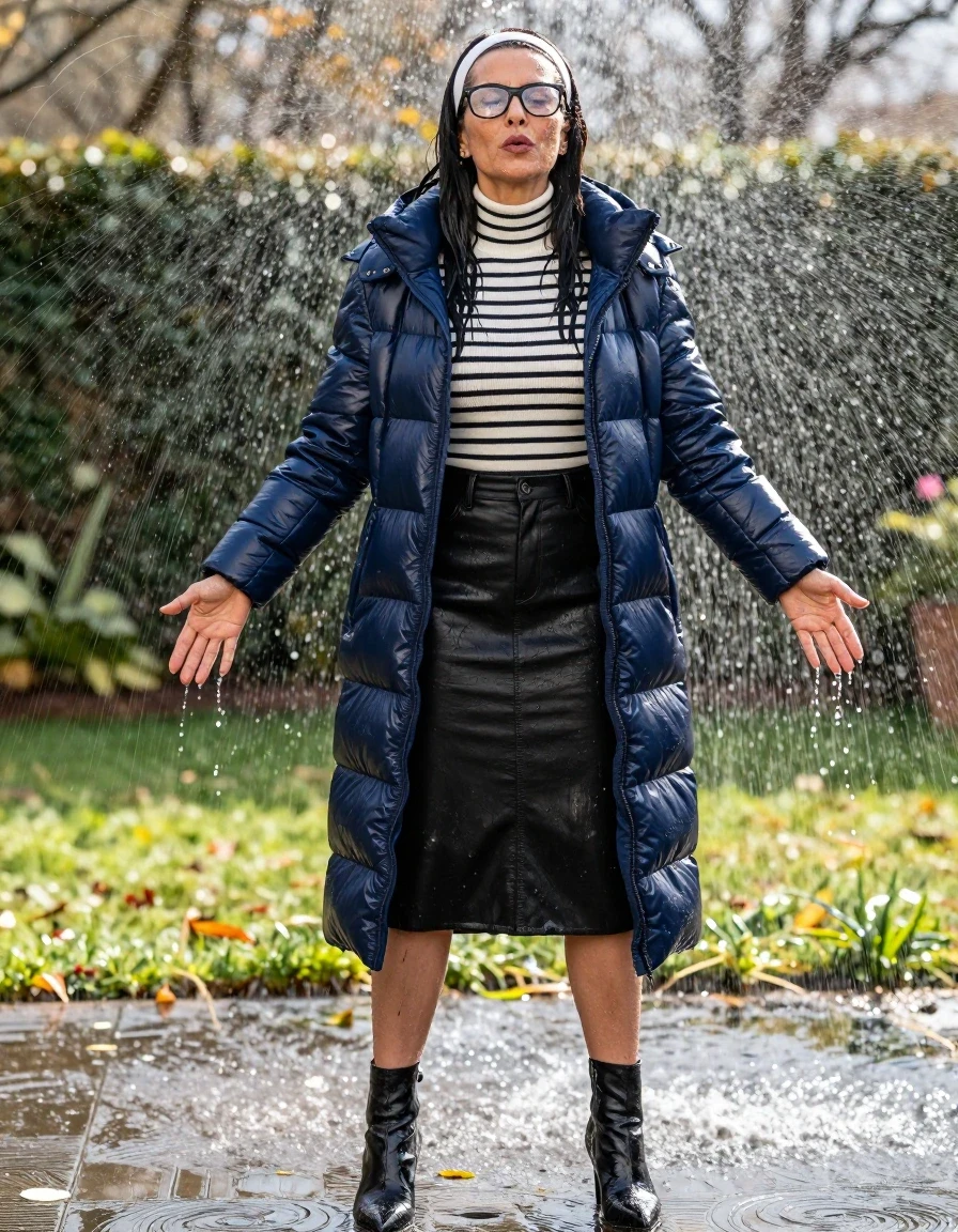 photo of young woman, in soaking wet, drenched clothes,
high-heeled boots, midi black leather denim skirt, white & black striped high-neck sweater, maxi dark blue Shiny puffer down jacket, under sprinklers in sunny garden, enjoying wet clothes stuck body, enjoying, wet clothes stuck to body, 
enjoying, wet clothes stuck to body,
detailed textures of the wet clothes, wet face, wet plastered hair,
wet, drenched, professional, high-quality details, full body view.
sharp focus, ultra-high pixel detail, realistic, high-quality, full colors, incredibly detailed, 4k, 8k, 16k, hyper-realistic, RAW photo, masterpiece, ultra-detailed, professionally color graded, professional photograph, europen brunette skinny woman 50 years old, long dark black hair, white headband, office glasses, very big and thick lips, complete body, wet skin, wet clothes, damp fabric, wet skin, wet clothes, damp fabric, wet skin, wet clothes, damp fabric, wet skin, wet clothes, damp fabric, wet skin, wet clothes, damp fabric, wet skin, wet clothes, damp fabric, wet skin, wet clothes, damp fabric