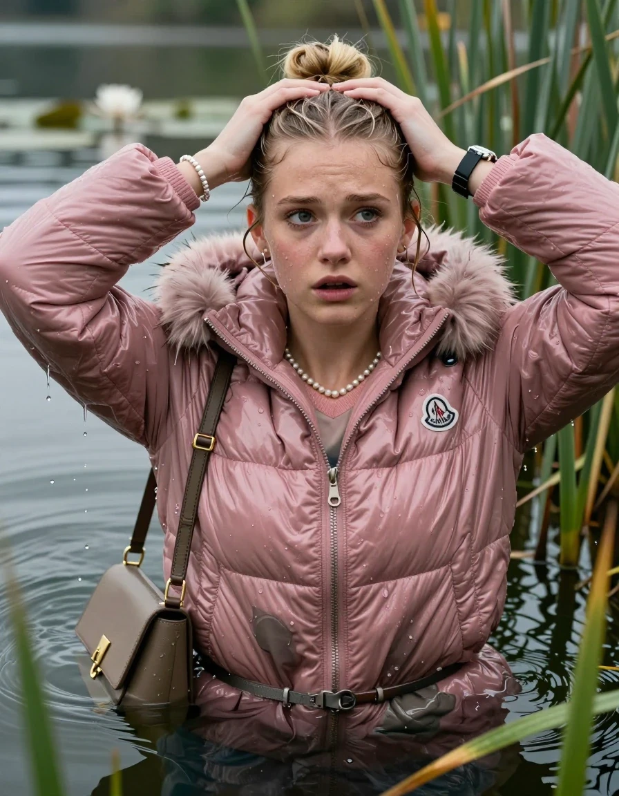 photo of young woman, in soaking wet, drenched clothes,
, , Pink Moncler shiny puffer down coat with fur, v-neck sweater, shoulderbag, pearl necklace, bracelet, wristwatch, Go back in the water after diving in a lake with water lilies and reeds, 
enjoying, wet clothes stuck to body,
detailed textures of the wet clothes, wet face, wet plastered hair,
wet, drenched, professional, high-quality details, full body view.
sharp focus, ultra-high pixel detail, realistic, high-quality, full colors, incredibly detailed, 4k, 8k, 16k, hyper-realistic, RAW photo, masterpiece, ultra-detailed, professionally color graded, professional photograph, Blonde Topknot

15 years old  teenage girl

Looking slightly away, open mouth, big eyes. hands up over her head. Whole body and shoulders are submerged under the surface. Looking up at camera. horny eyes.

she is completely underwater up to her neck,  sad but enjoying expression.

She hides in the reeds.

her submerged clothes are hardly vusible under water, she soaked her handbag into the water
she is completely underwater up to her neck, afraid and astonished expression. 

her clothing is soaking wet and clinging tightly to her skin, showing heavy wet folds, darkened fabric texture, and deep water-saturated Patches, her clothes are heavy from the water, water runs from her body and her clothes in streams. A lot of water also runs out of her clothes. Her clothes are darkened by the water. Her submerged clothes are good visible under the water.  she soaked her handbag into the water.

close up view, wet skin, wet clothes, wet hair, damp fabric, water runs down the clothes, wet skin, wet clothes, damp fabric. cinematic medium shot, hyper-realistic wetness, high-contrast water sheen, sharp focus, 16k resolution, professional photography, realistic water physics., wet skin, wet clothes, damp fabric, wet skin, wet clothes, damp fabric, wet skin, wet clothes, damp fabric