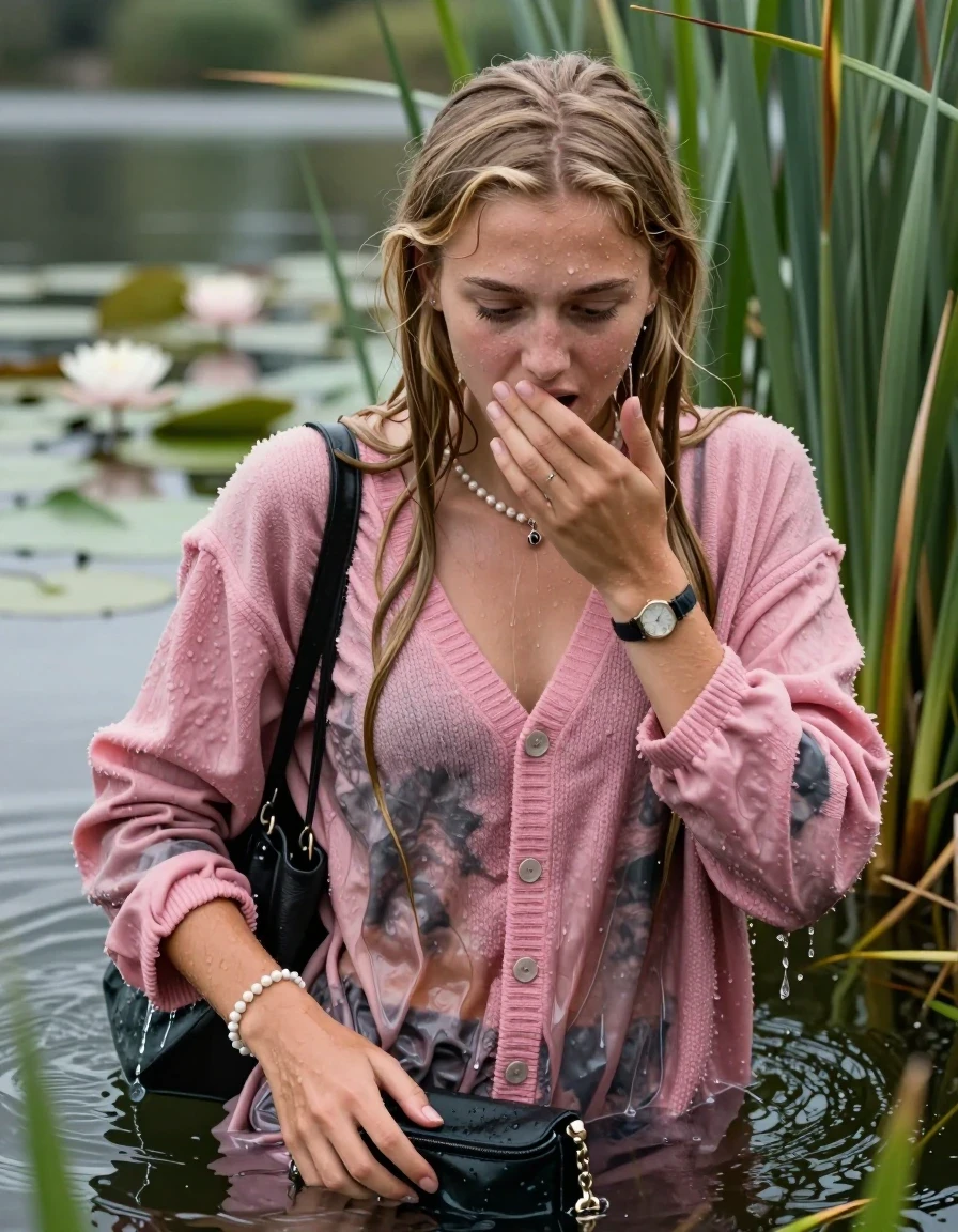 photo of young woman, in soaking wet, drenched clothes,
, , Pink Teddy jacket, Knit v-neck slipover belly free, shoulderbag, pearl necklace, bracelet, wristwatch, Go back in the water after diving in a lake with water lilies and reeds, 
enjoying, wet clothes stuck to body,
detailed textures of the wet clothes, wet face, wet plastered hair,
wet, drenched, professional, high-quality details, full body view.
sharp focus, ultra-high pixel detail, realistic, high-quality, full colors, incredibly detailed, 4k, 8k, 16k, hyper-realistic, RAW photo, masterpiece, ultra-detailed, professionally color graded, professional photograph, Slim  Blonde sleek Long straight hair

15 years old  teenage girl

Looking down, open mouth, horny eyes. Cover her mouth with her hand. Whole body and shoulders are submerged under the surface.

she is completely underwater up to her neck,  shocked expression.

She hides in the reeds.

her submerged clothes are hardly vusible under water, she soaked her handbag into the water

her clothing is soaking wet and clinging tightly to her skin, showing heavy wet folds, darkened fabric texture, and deep water-saturated Patches, her clothes are heavy from the water, water runs from her body and her clothes in streams. A lot of water also runs out of her clothes. Her clothes are darkened by the water. Her submerged clothes are good visible under the water.  she soaked her handbag into the water.

close up view, wet skin, wet clothes, wet hair, damp fabric, water runs down the clothes, wet skin, wet clothes, damp fabric. cinematic medium shot, hyper-realistic wetness, high-contrast water sheen, sharp focus, 16k resolution, professional photography, realistic water physics., wet skin, wet clothes, damp fabric, wet skin, wet clothes, damp fabric, wet skin, wet clothes, damp fabric, wet skin, wet clothes, damp fabric