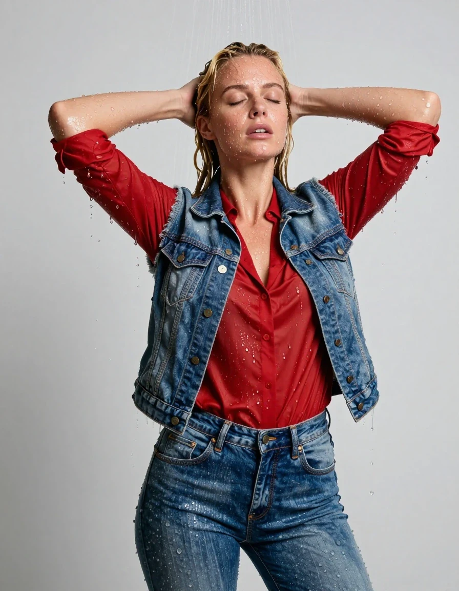 photo of young woman, in soaking wet, drenched clothes,
blue jeans, red blouse, jeans jachet, shower, 
enjoying, wet clothes stuck to body,
detailed textures of the wet clothes, wet face, wet plastered hair,
wet, drenched, professional, high-quality details, full body view.
sharp focus, ultra-high pixel detail, realistic, high-quality, full colors, incredibly detailed, 4k, 8k, 16k, hyper-realistic, RAW photo, masterpiece, ultra-detailed, professionally color graded, professional photograph, durchnässt, nasse haare, blond, ganzkörper, wet skin, wet clothes, damp fabric