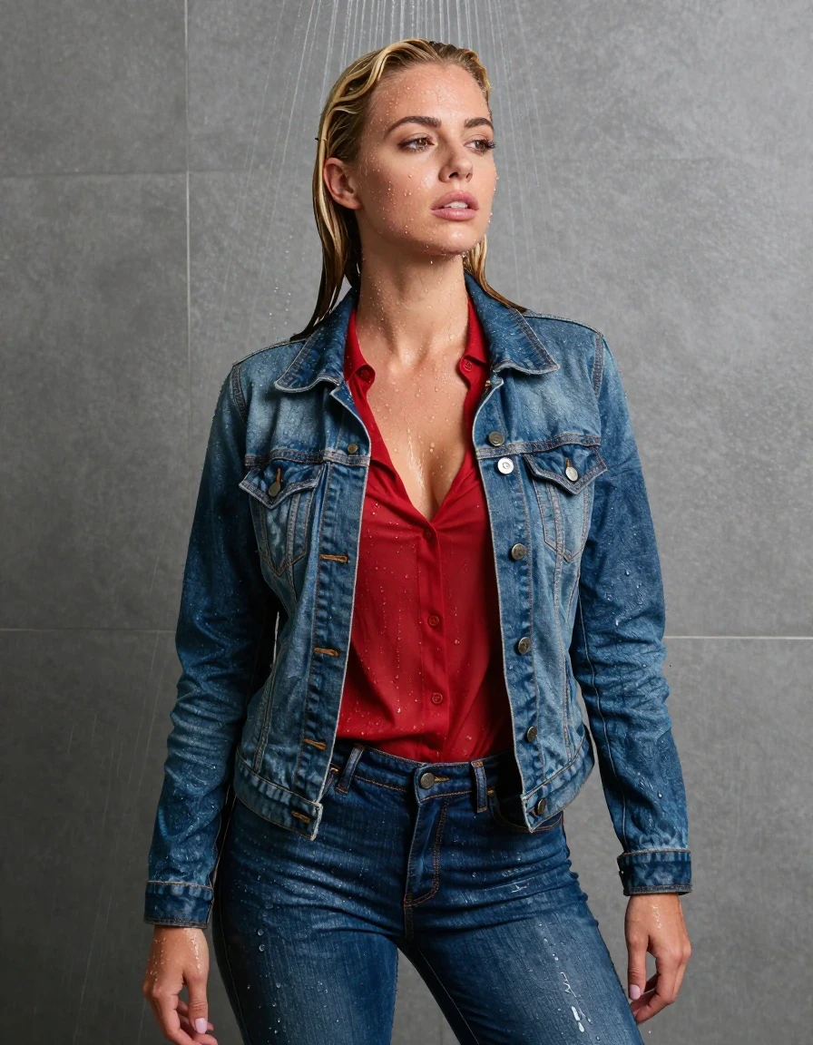 photo of young woman, in soaking wet, drenched clothes,
blue jeans, red blouse, jeans jacket, shower, 
enjoying, wet clothes stuck to body,
detailed textures of the wet clothes, wet face, wet plastered hair,
wet, drenched, professional, high-quality details, full body view.
sharp focus, ultra-high pixel detail, realistic, high-quality, full colors, incredibly detailed, 4k, 8k, 16k, hyper-realistic, RAW photo, masterpiece, ultra-detailed, professionally color graded, professional photograph, durchnässt, nasse haare, blond, ganzkörper, wet skin, wet clothes, damp fabric