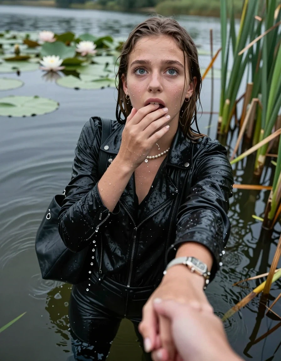 photo of young woman, in soaking wet, drenched clothes,
, black leatherleggings , Learherjacket, v-neck sweater, shoulderbag, pearl necklace, bracelet, wristwatch, Go back deep into the water after diving in a lake with water lilies and reeds, 
enjoying, wet clothes stuck to body,
detailed textures of the wet clothes, wet face, wet plastered hair,
wet, drenched, professional, high-quality details, full body view.
sharp focus, ultra-high pixel detail, realistic, high-quality, full colors, incredibly detailed, 4k, 8k, 16k, hyper-realistic, RAW photo, masterpiece, ultra-detailed, professionally color graded, professional photograph, Collarbone bob

15 years old  teenage girl

Looking up, head in the neck, open mouth, big eyes. hold with a hand the other the viewer's hand, pulling them toward the center of the water. One hand on her mouth. Whole body and shoulders are submerged under the surface. Looking up at camera. horny eyes.

she is completely underwater up to her neck,  afraid and astonished expression.

She hides in the reeds.

her submerged clothes are hardly vusible under water, she soaked her handbag into the water
she is completely underwater up to her neck, afraid and astonished expression. 

her clothing is soaking wet and clinging tightly to her skin, showing heavy wet folds, darkened fabric texture, and deep water-saturated Patches, her clothes are heavy from the water, water runs from her body and her clothes in streams. A lot of water also runs out of her clothes. Her clothes are darkened by the water. Her submerged clothes are good visible under the water.  she soaked her handbag into the water.

close up view, wet skin, wet clothes, wet hair, damp fabric, water runs down the clothes, wet skin, wet clothes, damp fabric. cinematic medium shot, hyper-realistic wetness, high-contrast water sheen, sharp focus, 16k resolution, professional photography, realistic water physics., wet skin, wet clothes, damp fabric, wet skin, wet clothes, damp fabric, wet skin, wet clothes, damp fabric