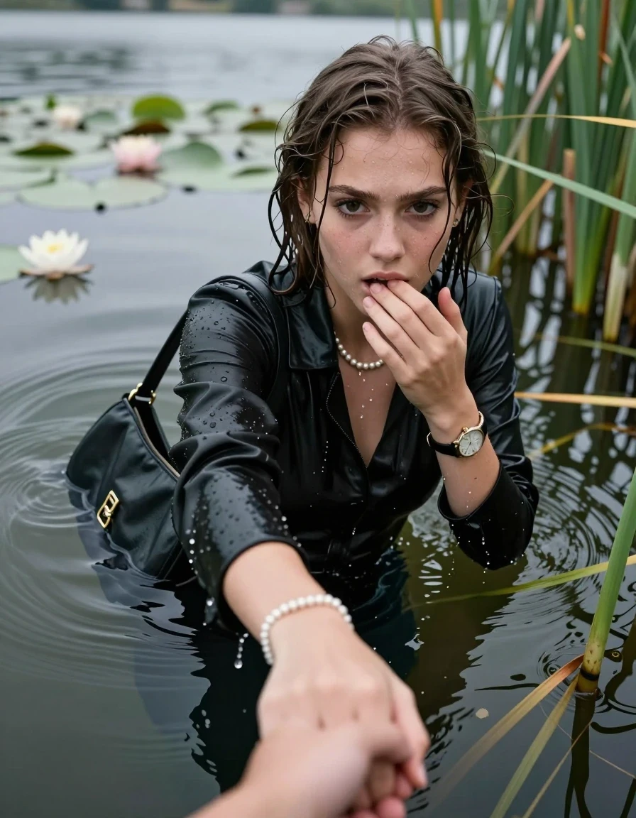 photo of young woman, in soaking wet, drenched clothes,
, black leatherleggings , Learherjacket, v-neck sweater, shoulderbag, pearl necklace, bracelet, wristwatch, Go back deep into the water after diving in a lake with water lilies and reeds, 
enjoying, wet clothes stuck to body,
detailed textures of the wet clothes, wet face, wet plastered hair,
wet, drenched, professional, high-quality details, full body view.
sharp focus, ultra-high pixel detail, realistic, high-quality, full colors, incredibly detailed, 4k, 8k, 16k, hyper-realistic, RAW photo, masterpiece, ultra-detailed, professionally color graded, professional photograph, Collarbone bob

15 years old  teenage girl

Looking down, open mouth, big eyes. hold with a hand the other the viewer's hand, pulling them toward the center of the water. One hand on her mouth. Whole body and shoulders are submerged under the surface. Looking up at camera. horny eyes.

she is completely underwater up to her neck,  afraid and astonished expression.

She hides in the reeds.

her submerged clothes are hardly vusible under water, she soaked her handbag into the water
she is completely underwater up to her neck, afraid and astonished expression. 

her clothing is soaking wet and clinging tightly to her skin, showing heavy wet folds, darkened fabric texture, and deep water-saturated Patches, her clothes are heavy from the water, water runs from her body and her clothes in streams. A lot of water also runs out of her clothes. Her clothes are darkened by the water. Her submerged clothes are good visible under the water.  she soaked her handbag into the water.

close up view, wet skin, wet clothes, wet hair, damp fabric, water runs down the clothes, wet skin, wet clothes, damp fabric. cinematic medium shot, hyper-realistic wetness, high-contrast water sheen, sharp focus, 16k resolution, professional photography, realistic water physics., wet skin, wet clothes, damp fabric, wet skin, wet clothes, damp fabric, wet skin, wet clothes, damp fabric