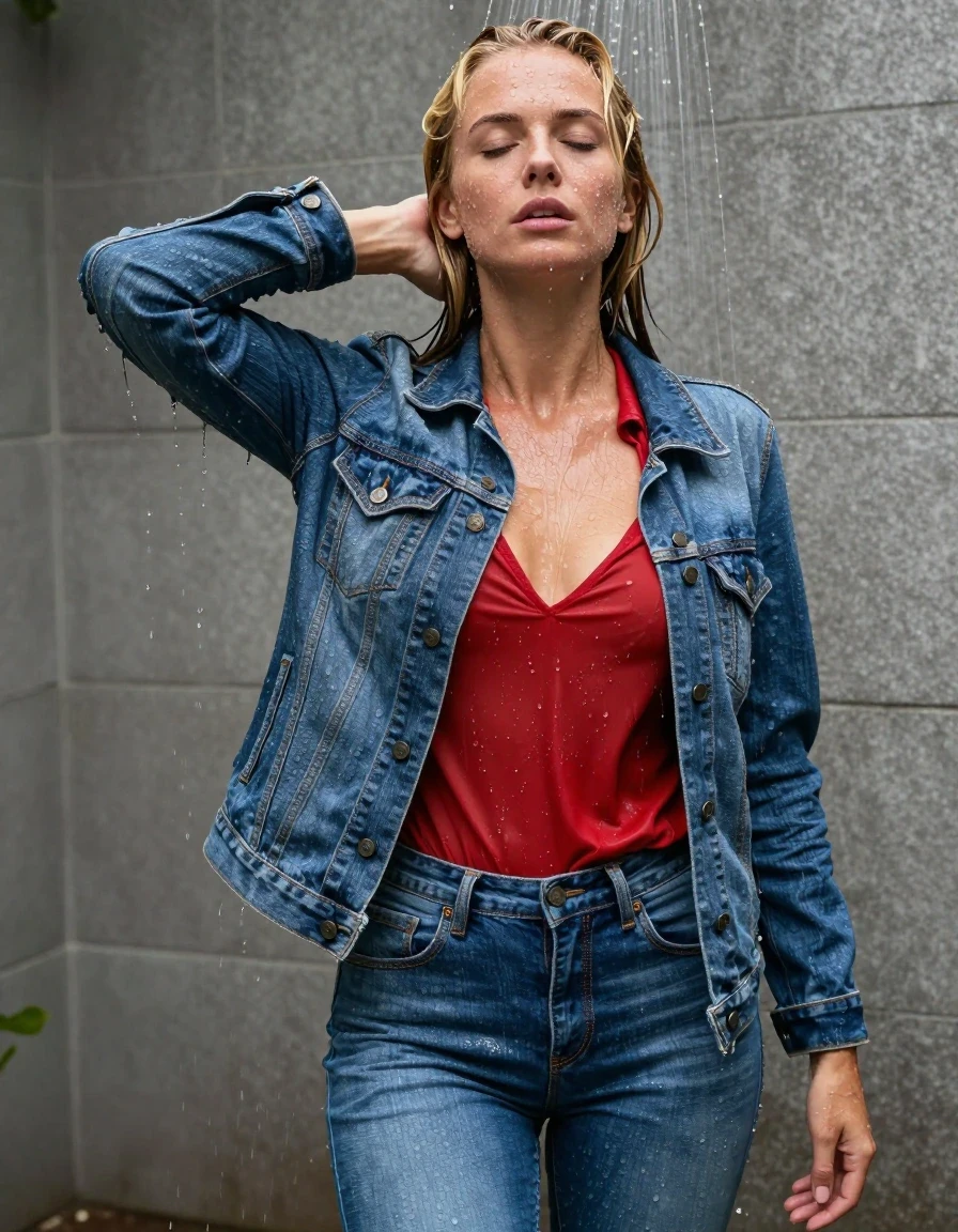 photo of young woman, in soaking wet, drenched clothes,
blue jeans, red blouse, jeans jacket, shower, 
enjoying, wet clothes stuck to body,
detailed textures of the wet clothes, wet face, wet plastered hair,
wet, drenched, professional, high-quality details, full body view.
sharp focus, ultra-high pixel detail, realistic, high-quality, full colors, incredibly detailed, 4k, 8k, 16k, hyper-realistic, RAW photo, masterpiece, ultra-detailed, professionally color graded, professional photograph, durchnässt, nasse haare, blond, ganzkörper, wet skin, wet clothes, damp fabric