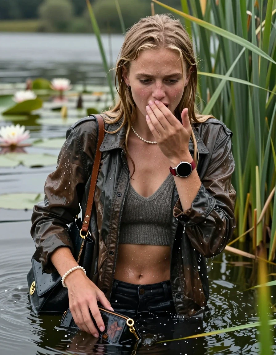 photo of young woman, in soaking wet, drenched clothes,
, , Plush jacket, Knit v-neck slipover belly free, shoulderbag, pearl necklace, bracelet, wristwatch, Go back in the water after diving in a lake with water lilies and reeds, 
enjoying, wet clothes stuck to body,
detailed textures of the wet clothes, wet face, wet plastered hair,
wet, drenched, professional, high-quality details, full body view.
sharp focus, ultra-high pixel detail, realistic, high-quality, full colors, incredibly detailed, 4k, 8k, 16k, hyper-realistic, RAW photo, masterpiece, ultra-detailed, professionally color graded, professional photograph, Slim  Blonde sleek Long straight hair

15 years old  teenage girl

Looking down, open mouth, horny eyes. Cover her mouth with her hand. Whole body and shoulders are submerged under the surface.

she is completely underwater up to her neck,  shocked expression.

She hides in the reeds.

her submerged clothes are hardly vusible under water, she soaked her handbag into the water

her clothing is soaking wet and clinging tightly to her skin, showing heavy wet folds, darkened fabric texture, and deep water-saturated Patches, her clothes are heavy from the water, water runs from her body and her clothes in streams. A lot of water also runs out of her clothes. Her clothes are darkened by the water. Her submerged clothes are good visible under the water.  she soaked her handbag into the water.

close up view, wet skin, wet clothes, wet hair, damp fabric, water runs down the clothes, wet skin, wet clothes, damp fabric. cinematic medium shot, hyper-realistic wetness, high-contrast water sheen, sharp focus, 16k resolution, professional photography, realistic water physics., wet skin, wet clothes, damp fabric, wet skin, wet clothes, damp fabric, wet skin, wet clothes, damp fabric, wet skin, wet clothes, damp fabric