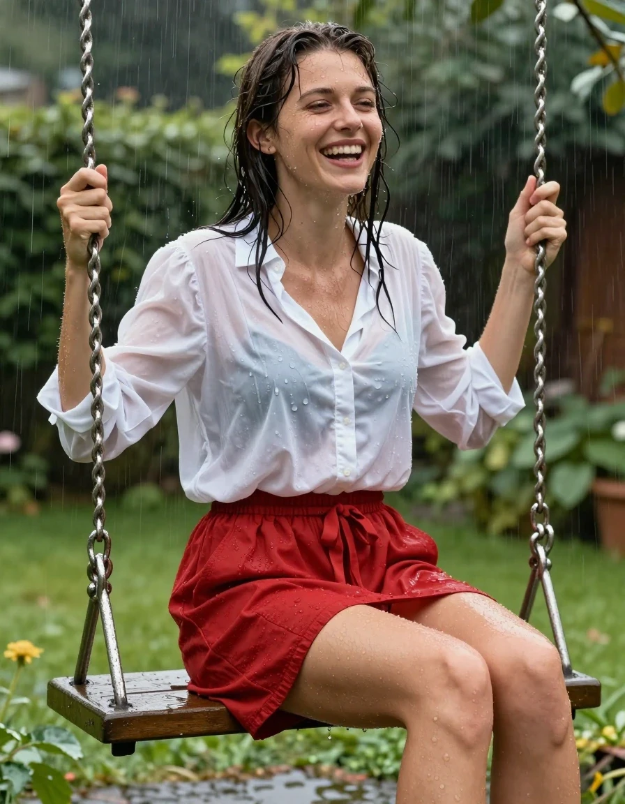 photo of young woman, in soaking wet, drenched clothes,
barfusses, roter kurzer Faltenrock aus Baumwolle, weißer Slip aus Satin., weisse Sommerbluse mit Puffärmeln, im Garten auf einer Schaukel, 
enjoying, wet clothes stuck to body,
detailed textures of the wet clothes, wet face, wet plastered hair,
wet, drenched, professional, high-quality details, full body view.
sharp focus, ultra-high pixel detail, realistic, high-quality, full colors, incredibly detailed, 4k, 8k, 16k, hyper-realistic, RAW photo, masterpiece, ultra-detailed, professionally color graded, professional photograph, Eine junge Frau sitzt voll bekleidet auf einer Schaukel im Regen, ihre Bekleidung ist völlig durchnässt und wirft Falten, sie hat ihre Beine weit aus einander gespreizt und an man sieht ihren weißen Slip aus Satin. Sie lacht fröhlich mit offenem Mund., wet skin, wet clothes, damp fabric