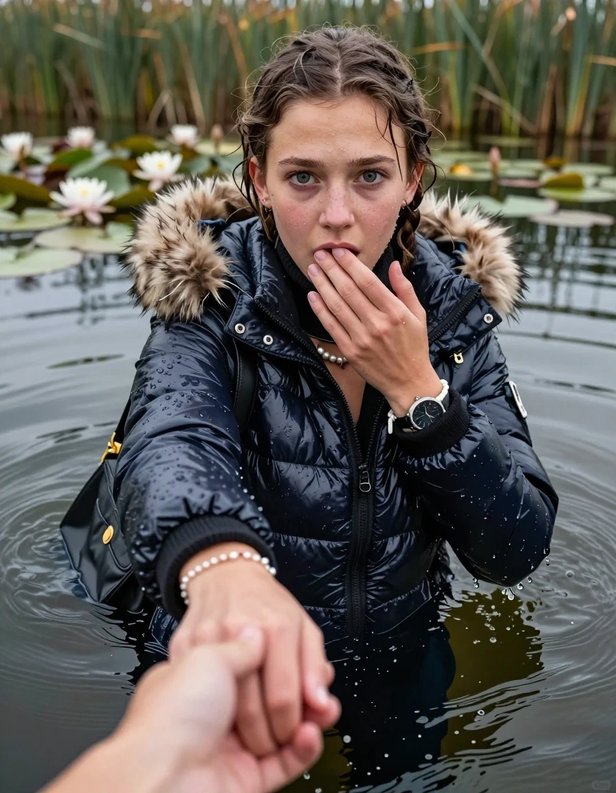 photo of young woman, in soaking wet, drenched clothes,
, , Moncler shiny puffer down jacket with fur, tight turtleneck sweater belly free, shoulderbag, pearl necklace, bracelet, wristwatch, Go back deep into the water after diving in a lake with water lilies and reeds, 
enjoying, wet clothes stuck to body,
detailed textures of the wet clothes, wet face, wet plastered hair,
wet, drenched, professional, high-quality details, full body view.
sharp focus, ultra-high pixel detail, realistic, high-quality, full colors, incredibly detailed, 4k, 8k, 16k, hyper-realistic, RAW photo, masterpiece, ultra-detailed, professionally color graded, professional photograph, Braided hair

15 years old  teenage girl

Looking up at camera, open mouth, big eyes. hold with a hand the other the viewer's hand, pulling them toward the center of the water. One hand on her mouth. Whole body and shoulders are submerged under the surface. Looking up at camera. horny eyes.

she is completely underwater up to her neck,  fearful and shocked expression. 

her submerged clothes are hardly vusible under water, she soaked her handbag into the water
she is completely underwater up to her neck, afraid and astonished expression. 

her clothing is soaking wet and clinging tightly to her skin, showing heavy wet folds, darkened fabric texture, and deep water-saturated Patches, her clothes are heavy from the water, water runs from her body and her clothes in streams. A lot of water also runs out of her clothes. Her clothes are darkened by the water. Her submerged clothes are good visible under the water.  she soaked her handbag into the water.

close up view, wet skin, wet clothes, wet hair, damp fabric, water runs down the clothes, wet skin, wet clothes, damp fabric. cinematic medium shot, hyper-realistic wetness, high-contrast water sheen, sharp focus, 16k resolution, professional photography, realistic water physics., wet skin, wet clothes, damp fabric, wet skin, wet clothes, damp fabric, wet skin, wet clothes, damp fabric