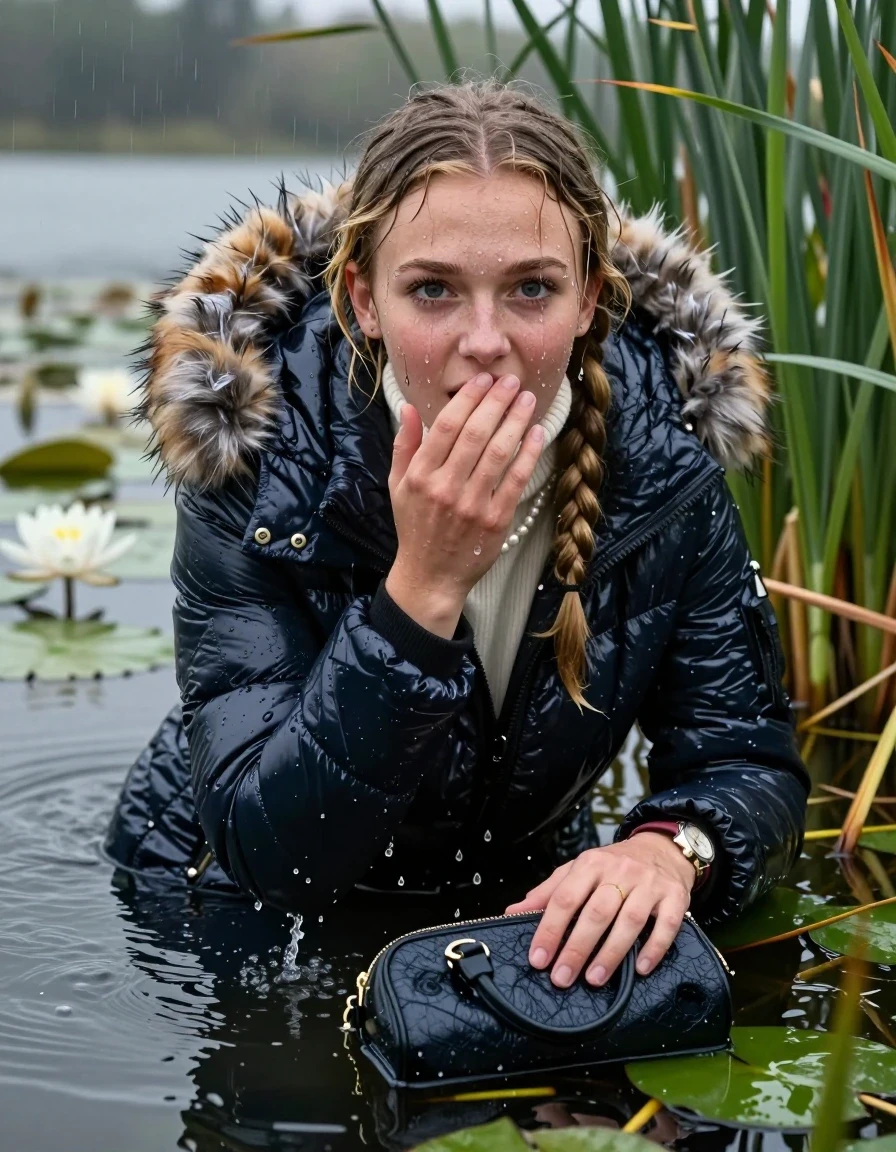 photo of young woman, in soaking wet, drenched clothes,
, , Moncler shiny puffer down coat with fur, tight turtleneck sweater with wide neckline belly free, handbag, pearl necklace, bracelet, wristwatch , Emerging after diving in a lake with water lilies and reeds, rain , 
enjoying, wet clothes stuck to body,
detailed textures of the wet clothes, wet face, wet plastered hair,
wet, drenched, professional, high-quality details, full body view.
sharp focus, ultra-high pixel detail, realistic, high-quality, full colors, incredibly detailed, 4k, 8k, 16k, hyper-realistic, RAW photo, masterpiece, ultra-detailed, professionally color graded, professional photograph, Blonde Pigtails

15 years old  teenage girl

Laying her breast on the surface.  Looking up at Camera . Hold her flat hand in front of her mouth. Water running down her face and neck and clothes.

she is completely underwater up to her neck, afraid and astonished expression but she giggles anyway. Folds the forehead. 

She hides in the reeds and is surprised by spectators

her submerged clothes are hardly visible under water, she soaked her handbag into the water

her clothing is soaking wet and clinging tightly to her skin, showing heavy wet folds, darkened fabric texture, and deep water-saturated Patches, her clothes are heavy from the water, water runs from her body and her clothes in streams. A lot of water also runs out of her clothes. Her clothes are darkened by the water. Her submerged clothes are good visible under the water.  she soaked her handbag into the water.

close up view, wet skin, wet clothes, wet hair, damp fabric, water runs down the clothes, wet skin, wet clothes, damp fabric. cinematic medium shot, hyper-realistic wetness, high-contrast water sheen, sharp focus, 16k resolution, professional photography, realistic water physics., wet skin, wet clothes, damp fabric, wet skin, wet clothes, damp fabric