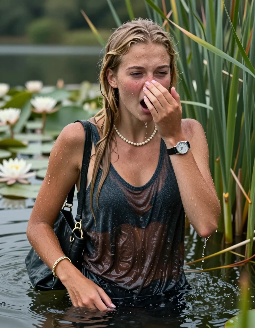 photo of young woman, in soaking wet, drenched clothes,
, , Knit v-neck slipover belly free, shoulderbag, pearl necklace, bracelet, wristwatch, Go back in the water after diving in a lake with water lilies and reeds, 
enjoying, wet clothes stuck to body,
detailed textures of the wet clothes, wet face, wet plastered hair,
wet, drenched, professional, high-quality details, full body view.
sharp focus, ultra-high pixel detail, realistic, high-quality, full colors, incredibly detailed, 4k, 8k, 16k, hyper-realistic, RAW photo, masterpiece, ultra-detailed, professionally color graded, professional photograph, Slim  Blonde sleek Long straight hair

15 years old  teenage girl

Looking at camera, open mouth, closed eyes. Cover her nose with her hand. Whole body and shoulders are submerged under the surface.

she is completely underwater up to her neck,  horny and shocked expression.

She hides in the reeds.

her submerged clothes are hardly vusible under water, she soaked her handbag into the water

her clothing is soaking wet and clinging tightly to her skin, showing heavy wet folds, darkened fabric texture, and deep water-saturated Patches, her clothes are heavy from the water, water runs from her body and her clothes in streams. A lot of water also runs out of her clothes. Her clothes are darkened by the water. Her submerged clothes are good visible under the water.  she soaked her handbag into the water.

close up view, wet skin, wet clothes, wet hair, damp fabric, water runs down the clothes, wet skin, wet clothes, damp fabric. cinematic medium shot, hyper-realistic wetness, high-contrast water sheen, sharp focus, 16k resolution, professional photography, realistic water physics., wet skin, wet clothes, damp fabric, wet skin, wet clothes, damp fabric, wet skin, wet clothes, damp fabric, wet skin, wet clothes, damp fabric