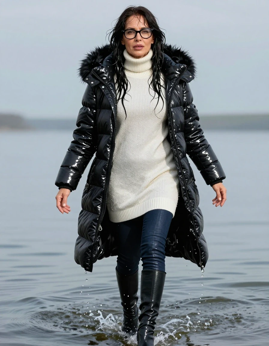 photo of young woman, in soaking wet, drenched clothes,
high-heeled boots, long dark blue leather jeans, white high-neck sweater dress, maxi black Moncler Shiny puffer down jacket with fur, swimming under water, enjoying wet clothes stuck body, enjoying, wet clothes stuck to body, 
enjoying, wet clothes stuck to body,
detailed textures of the wet clothes, wet face, wet plastered hair,
wet, drenched, professional, high-quality details, full body view.
sharp focus, ultra-high pixel detail, realistic, high-quality, full colors, incredibly detailed, 4k, 8k, 16k, hyper-realistic, RAW photo, masterpiece, ultra-detailed, professionally color graded, professional photograph, europen brunette skinny woman 50 years old, long dark black hair, office glasses, very big and thick lips, complete body, wet skin, wet clothes, damp fabric, wet skin, wet clothes, damp fabric, wet skin, wet clothes, damp fabric, wet skin, wet clothes, damp fabric, wet skin, wet clothes, damp fabric, wet skin, wet clothes, damp fabric, wet skin, wet clothes, damp fabric
