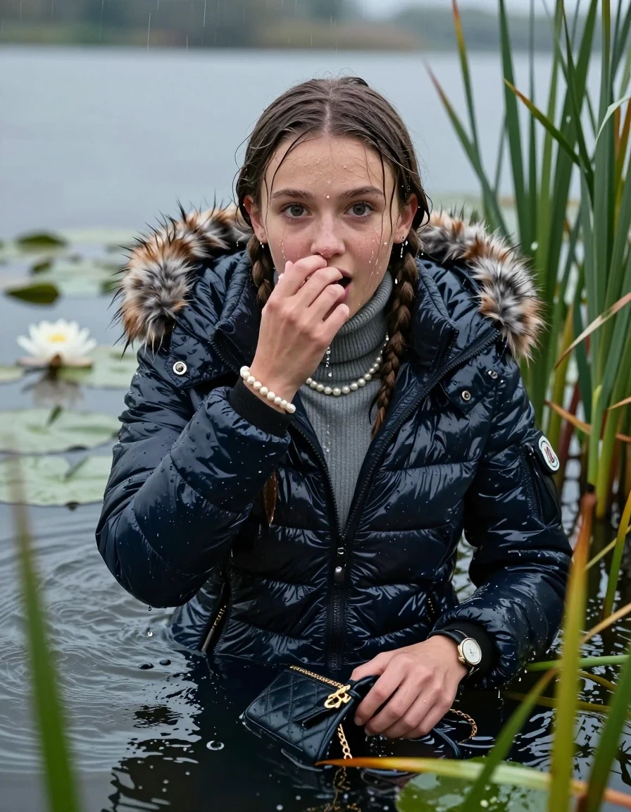 photo of young woman, in soaking wet, drenched clothes,
, , Moncler shiny puffer down coat with fur, tight turtleneck sweater with wide neckline belly free, handbag, pearl necklace, bracelet, wristwatch , Emerging after diving in a lake with water lilies and reeds, rain , 
enjoying, wet clothes stuck to body,
detailed textures of the wet clothes, wet face, wet plastered hair,
wet, drenched, professional, high-quality details, full body view.
sharp focus, ultra-high pixel detail, realistic, high-quality, full colors, incredibly detailed, 4k, 8k, 16k, hyper-realistic, RAW photo, masterpiece, ultra-detailed, professionally color graded, professional photograph, Pigtails

15 years old  teenage girl

Laying her breast on the surface.  Looking at Camera . Hold her hand over her nose. Open mouth, big eyes. Water running down her face and neck and clothes.

she is completely underwater up to her neck, afraid and astonished expression. 

She hides in the reeds and is surprised by spectators

her submerged clothes are hardly visible under water, she soaked her handbag into the water

her clothing is soaking wet and clinging tightly to her skin, showing heavy wet folds, darkened fabric texture, and deep water-saturated Patches, her clothes are heavy from the water, water runs from her body and her clothes in streams. A lot of water also runs out of her clothes. Her clothes are darkened by the water. Her submerged clothes are good visible under the water.  she soaked her handbag into the water.

close up view, wet skin, wet clothes, wet hair, damp fabric, water runs down the clothes, wet skin, wet clothes, damp fabric. cinematic medium shot, hyper-realistic wetness, high-contrast water sheen, sharp focus, 16k resolution, professional photography, realistic water physics., wet skin, wet clothes, damp fabric, wet skin, wet clothes, damp fabric