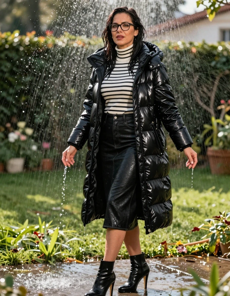 photo of young woman, in soaking wet, drenched clothes,
high-heeled boots, midi black leather denim skirt, white & black striped high-neck sweater, maxi black Shiny puffer down jacket, under sprinklers in sunny garden, enjoying wet clothes stuck body, enjoying, wet clothes stuck to body, 
enjoying, wet clothes stuck to body,
detailed textures of the wet clothes, wet face, wet plastered hair,
wet, drenched, professional, high-quality details, full body view.
sharp focus, ultra-high pixel detail, realistic, high-quality, full colors, incredibly detailed, 4k, 8k, 16k, hyper-realistic, RAW photo, masterpiece, ultra-detailed, professionally color graded, professional photograph, europen brunette skinny woman 50 years old, long dark black hair, office glasses, very big and thick lips, complete body, wet skin, wet clothes, damp fabric, wet skin, wet clothes, damp fabric, wet skin, wet clothes, damp fabric, wet skin, wet clothes, damp fabric, wet skin, wet clothes, damp fabric, wet skin, wet clothes, damp fabric, wet skin, wet clothes, damp fabric