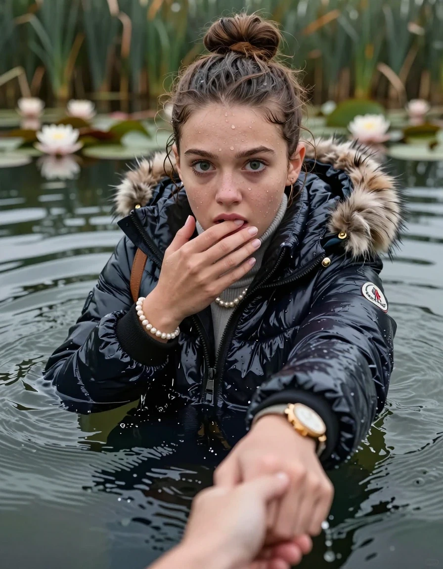 photo of young woman, in soaking wet, drenched clothes,
, , Moncler shiny puffer down jacket with fur, tight turtleneck sweater belly free, shoulderbag, pearl necklace, bracelet, wristwatch, Go back deep into the water after diving in a lake with water lilies and reeds, 
enjoying, wet clothes stuck to body,
detailed textures of the wet clothes, wet face, wet plastered hair,
wet, drenched, professional, high-quality details, full body view.
sharp focus, ultra-high pixel detail, realistic, high-quality, full colors, incredibly detailed, 4k, 8k, 16k, hyper-realistic, RAW photo, masterpiece, ultra-detailed, professionally color graded, professional photograph, Topknot

15 years old  teenage girl

Looking up at camera, open mouth, big eyes. hold with a hand the other the viewer's hand, pulling them toward the center of the water. One hand on her mouth. Whole body and shoulders are submerged under the surface. Looking up at camera. horny eyes.

she is completely underwater up to her neck,  fearful and shocked expression. 

her submerged clothes are hardly vusible under water, she soaked her handbag into the water
she is completely underwater up to her neck, afraid and astonished expression. 

her clothing is soaking wet and clinging tightly to her skin, showing heavy wet folds, darkened fabric texture, and deep water-saturated Patches, her clothes are heavy from the water, water runs from her body and her clothes in streams. A lot of water also runs out of her clothes. Her clothes are darkened by the water. Her submerged clothes are good visible under the water.  she soaked her handbag into the water.

close up view, wet skin, wet clothes, wet hair, damp fabric, water runs down the clothes, wet skin, wet clothes, damp fabric. cinematic medium shot, hyper-realistic wetness, high-contrast water sheen, sharp focus, 16k resolution, professional photography, realistic water physics., wet skin, wet clothes, damp fabric, wet skin, wet clothes, damp fabric, wet skin, wet clothes, damp fabric