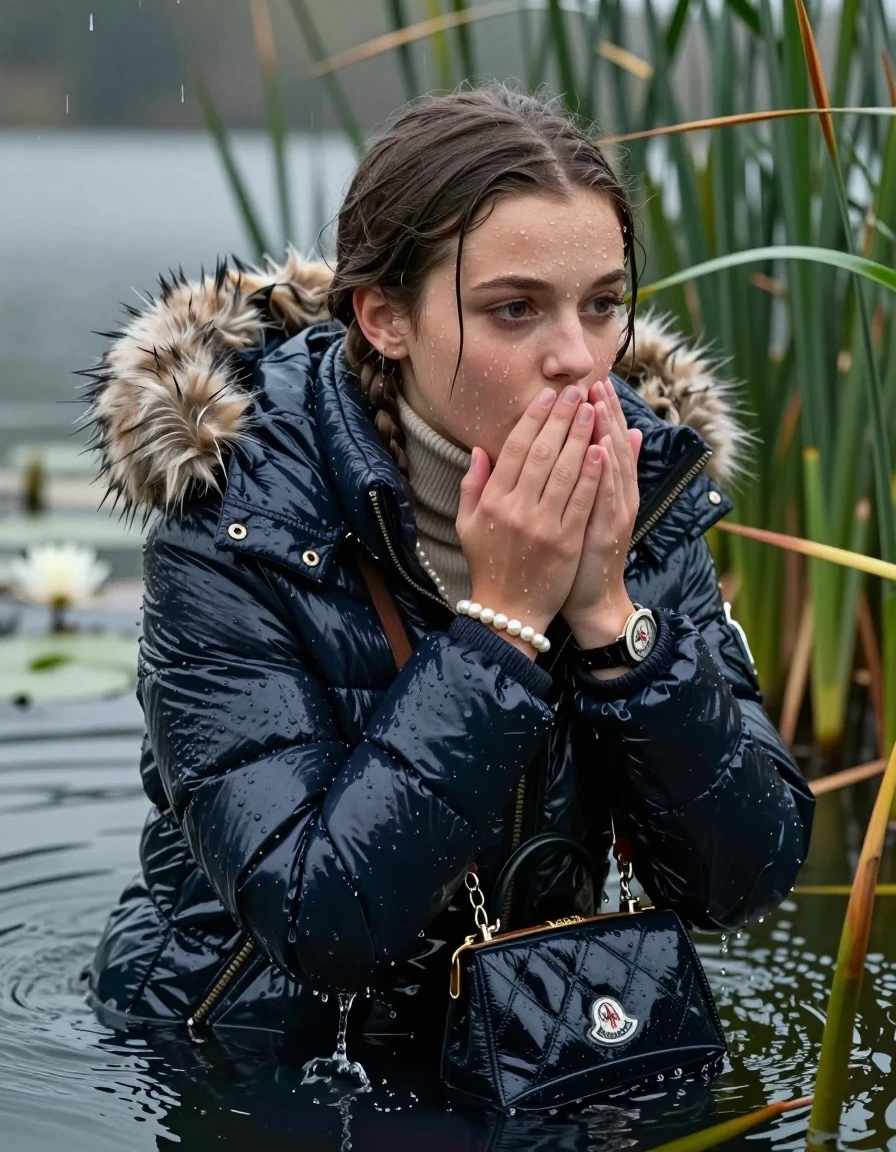 photo of young woman, in soaking wet, drenched clothes,
, , Moncler shiny puffer down jacket with fur, tight turtleneck sweater with wide neckline belly free, handbag, pearl necklace, bracelet, wristwatch , Emerging after diving in a lake with water lilies and reeds, rain , 
enjoying, wet clothes stuck to body,
detailed textures of the wet clothes, wet face, wet plastered hair,
wet, drenched, professional, high-quality details, full body view.
sharp focus, ultra-high pixel detail, realistic, high-quality, full colors, incredibly detailed, 4k, 8k, 16k, hyper-realistic, RAW photo, masterpiece, ultra-detailed, professionally color graded, professional photograph, Pigtails

15 years old  teenage girl

Laying her breast on the surface.  Looking slightly away. Hold her hands on her mouth.Open mouth, big eyes. Water running down her face and neck and clothes.

she is completely underwater up to her neck, afraid and astonished expression. 

She hides in the reeds and is surprised by spectators

her submerged clothes are hardly visible under water, she soaked her handbag into the water

her clothing is soaking wet and clinging tightly to her skin, showing heavy wet folds, darkened fabric texture, and deep water-saturated Patches, her clothes are heavy from the water, water runs from her body and her clothes in streams. A lot of water also runs out of her clothes. Her clothes are darkened by the water. Her submerged clothes are good visible under the water.  she soaked her handbag into the water.

close up view, wet skin, wet clothes, wet hair, damp fabric, water runs down the clothes, wet skin, wet clothes, damp fabric. cinematic medium shot, hyper-realistic wetness, high-contrast water sheen, sharp focus, 16k resolution, professional photography, realistic water physics., wet skin, wet clothes, damp fabric, wet skin, wet clothes, damp fabric