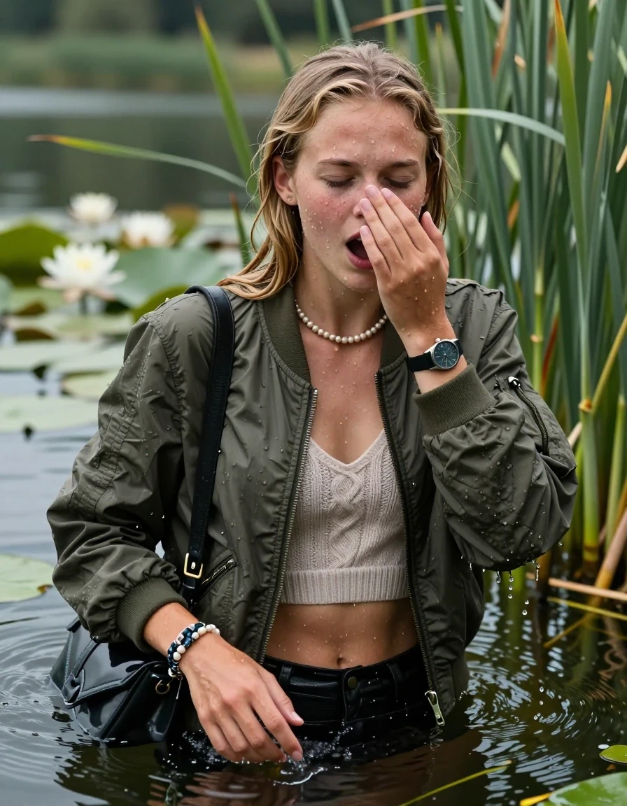 photo of young woman, in soaking wet, drenched clothes,
, , Bomber jacket, Knit v-neck slipover belly free, shoulderbag, pearl necklace, bracelet, wristwatch, Go back in the water after diving in a lake with water lilies and reeds, 
enjoying, wet clothes stuck to body,
detailed textures of the wet clothes, wet face, wet plastered hair,
wet, drenched, professional, high-quality details, full body view.
sharp focus, ultra-high pixel detail, realistic, high-quality, full colors, incredibly detailed, 4k, 8k, 16k, hyper-realistic, RAW photo, masterpiece, ultra-detailed, professionally color graded, professional photograph, Slim  Blonde sleek Long straight hair

15 years old  teenage girl

Looking at camera, open mouth, closed eyes. Cover her nose with her hand. Whole body and shoulders are submerged under the surface.

she is completely underwater up to her neck,  horny and shocked expression.

She hides in the reeds.

her submerged clothes are hardly vusible under water, she soaked her handbag into the water

her clothing is soaking wet and clinging tightly to her skin, showing heavy wet folds, darkened fabric texture, and deep water-saturated Patches, her clothes are heavy from the water, water runs from her body and her clothes in streams. A lot of water also runs out of her clothes. Her clothes are darkened by the water. Her submerged clothes are good visible under the water.  she soaked her handbag into the water.

close up view, wet skin, wet clothes, wet hair, damp fabric, water runs down the clothes, wet skin, wet clothes, damp fabric. cinematic medium shot, hyper-realistic wetness, high-contrast water sheen, sharp focus, 16k resolution, professional photography, realistic water physics., wet skin, wet clothes, damp fabric, wet skin, wet clothes, damp fabric, wet skin, wet clothes, damp fabric, wet skin, wet clothes, damp fabric