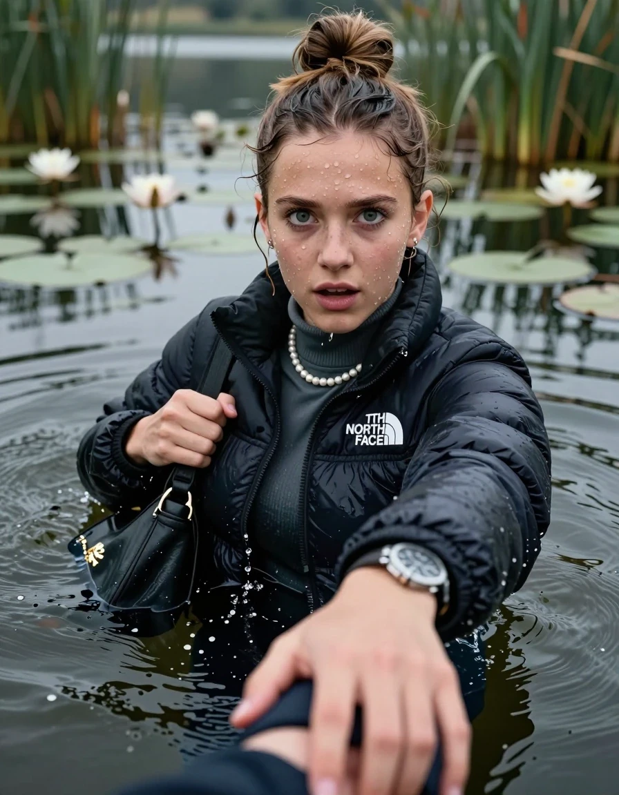 photo of young woman, in soaking wet, drenched clothes,
, , North face puffer down jacket, tight turtleneck sweater belly free, shoulderbag, pearl necklace, bracelet, wristwatch, Go back deep into the water after diving in a lake with water lilies and reeds, 
enjoying, wet clothes stuck to body,
detailed textures of the wet clothes, wet face, wet plastered hair,
wet, drenched, professional, high-quality details, full body view.
sharp focus, ultra-high pixel detail, realistic, high-quality, full colors, incredibly detailed, 4k, 8k, 16k, hyper-realistic, RAW photo, masterpiece, ultra-detailed, professionally color graded, professional photograph, Topknot

15 years old  teenage girl

Looking up at camera, open mouth, big eyes. hold with a hand the other the viewer's hand, pulling them toward the center of the water. One hand in front of her face. Whole body and shoulders are submerged under the surface. Looking up at camera. horny eyes.

she is completely underwater up to her neck,  afraid and astonished expression. Slightly smile.

her submerged clothes are hardly vusible under water, she soaked her handbag into the water
she is completely underwater up to her neck, afraid and astonished expression. 

her clothing is soaking wet and clinging tightly to her skin, showing heavy wet folds, darkened fabric texture, and deep water-saturated Patches, her clothes are heavy from the water, water runs from her body and her clothes in streams. A lot of water also runs out of her clothes. Her clothes are darkened by the water. Her submerged clothes are good visible under the water.  she soaked her handbag into the water.

close up view, wet skin, wet clothes, wet hair, damp fabric, water runs down the clothes, wet skin, wet clothes, damp fabric. cinematic medium shot, hyper-realistic wetness, high-contrast water sheen, sharp focus, 16k resolution, professional photography, realistic water physics., wet skin, wet clothes, damp fabric, wet skin, wet clothes, damp fabric, wet skin, wet clothes, damp fabric
