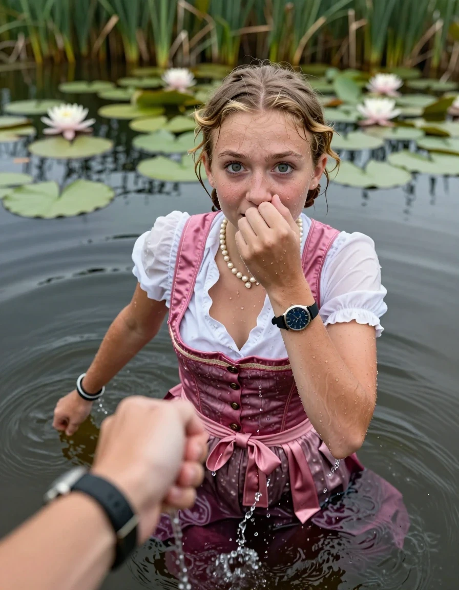 photo of young woman, in soaking wet, drenched clothes,
, , Short pink and white Dirndl, shoulderbag, pearl necklace, bracelet, wristwatch, Go back deep into the water after diving in a lake with water lilies and reeds, 
enjoying, wet clothes stuck to body,
detailed textures of the wet clothes, wet face, wet plastered hair,
wet, drenched, professional, high-quality details, full body view.
sharp focus, ultra-high pixel detail, realistic, high-quality, full colors, incredibly detailed, 4k, 8k, 16k, hyper-realistic, RAW photo, masterpiece, ultra-detailed, professionally color graded, professional photograph, Blonde Pigtails

15 years old  teenage girl

Looking up at camera, open mouth, big eyes. hold with a hand the other the viewer's hand, pulling them toward the center of the water. One hand in front of her nose. Whole body and shoulders are submerged under the surface. Looking up at camera. horny eyes.

she is completely underwater up to her neck,  afraid and astonished expression. Slightly smile.

her submerged clothes are hardly vusible under water, she soaked her handbag into the water
she is completely underwater up to her neck, afraid and astonished expression. 

her clothing is soaking wet and clinging tightly to her skin, showing heavy wet folds, darkened fabric texture, and deep water-saturated Patches, her clothes are heavy from the water, water runs from her body and her clothes in streams. A lot of water also runs out of her clothes. Her clothes are darkened by the water. Her submerged clothes are good visible under the water.  she soaked her handbag into the water.

close up view, wet skin, wet clothes, wet hair, damp fabric, water runs down the clothes, wet skin, wet clothes, damp fabric. cinematic medium shot, hyper-realistic wetness, high-contrast water sheen, sharp focus, 16k resolution, professional photography, realistic water physics., wet skin, wet clothes, damp fabric, wet skin, wet clothes, damp fabric, wet skin, wet clothes, damp fabric
