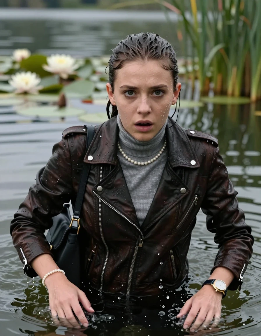 photo of young woman, in soaking wet, drenched clothes,
, , Biker leatherjacket, tight turtleneck sweater belly free, shoulderbag, pearl necklace, bracelet, wristwatch, Swimming and sinking deep into the water after diving in a lake with water lilies and reeds, 
enjoying, wet clothes stuck to body,
detailed textures of the wet clothes, wet face, wet plastered hair,
wet, drenched, professional, high-quality details, full body view.
sharp focus, ultra-high pixel detail, realistic, high-quality, full colors, incredibly detailed, 4k, 8k, 16k, hyper-realistic, RAW photo, masterpiece, ultra-detailed, professionally color graded, professional photograph, Sleek ponytail 

15 years old  teenage girl

Looking up at camera, Whole body and shoulders are submerged under the surface. horny eyes.

she is completely underwater up to her neck,  fearful and shocked expression. 

 Swimming Movements with Her Arms.

her submerged clothes are hardly vusible under water, she soaked her handbag into the water
she is completely underwater up to her neck, afraid and astonished expression. 

her clothing is soaking wet and clinging tightly to her skin, showing heavy wet folds, darkened fabric texture, and deep water-saturated Patches, her clothes are heavy from the water, water runs from her body and her clothes in streams. A lot of water also runs out of her clothes. Her clothes are darkened by the water. Her submerged clothes are good visible under the water.  she soaked her handbag into the water.

close up view, wet skin, wet clothes, wet hair, damp fabric, water runs down the clothes, wet skin, wet clothes, damp fabric. cinematic medium shot, hyper-realistic wetness, high-contrast water sheen, sharp focus, 16k resolution, professional photography, realistic water physics., wet skin, wet clothes, damp fabric, wet skin, wet clothes, damp fabric, wet skin, wet clothes, damp fabric