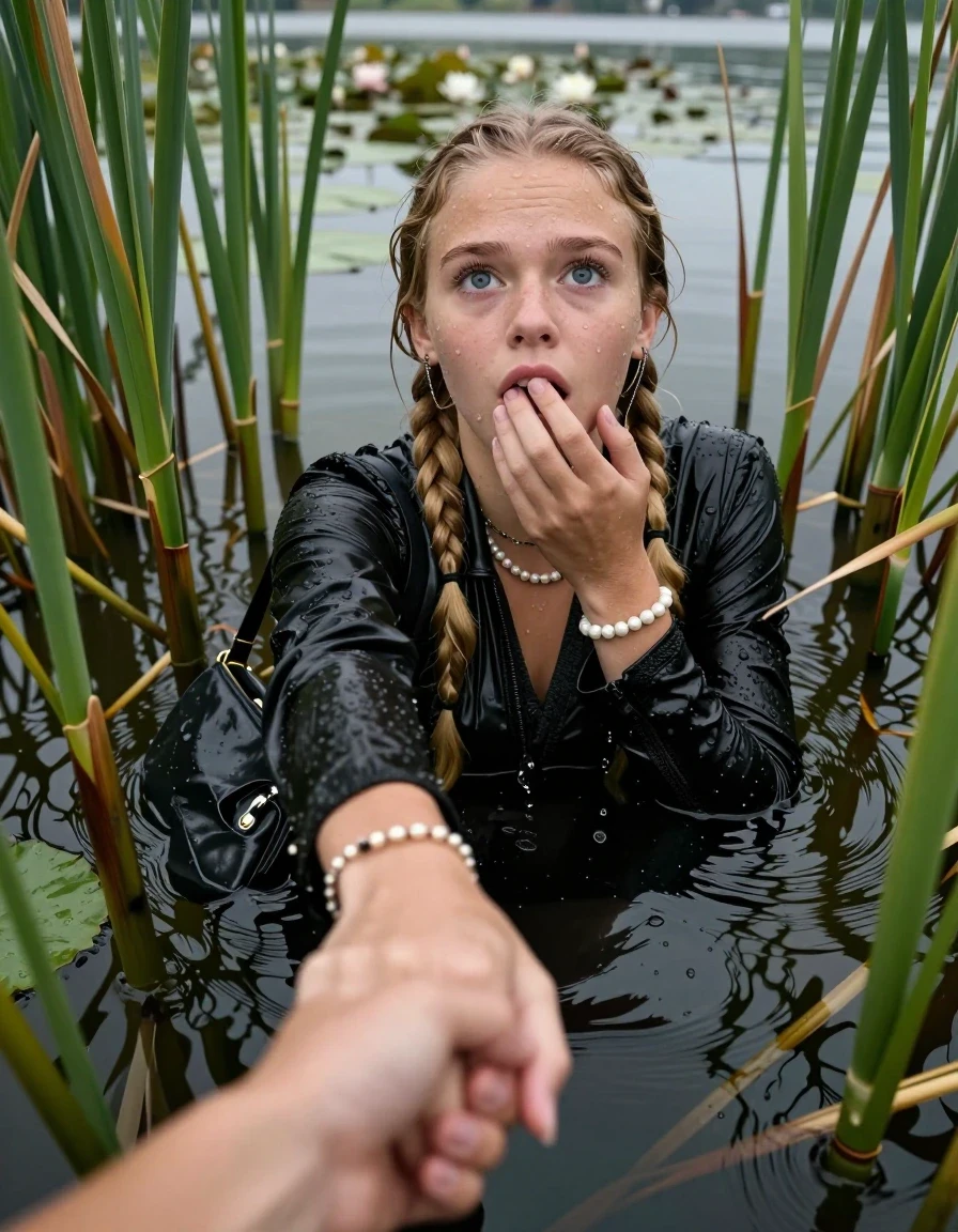 photo of young woman, in soaking wet, drenched clothes,
, black leatherleggings , Learherjacket, v-neck sweater, shoulderbag, pearl necklace, bracelet, wristwatch, Go back deep into the water after diving in a lake with water lilies and reeds, 
enjoying, wet clothes stuck to body,
detailed textures of the wet clothes, wet face, wet plastered hair,
wet, drenched, professional, high-quality details, full body view.
sharp focus, ultra-high pixel detail, realistic, high-quality, full colors, incredibly detailed, 4k, 8k, 16k, hyper-realistic, RAW photo, masterpiece, ultra-detailed, professionally color graded, professional photograph, Blonde Pigtails

15 years old  teenage girl

Looking up, head in the neck, open mouth, big eyes. hold with a hand the other the viewer's hand, pulling them toward the center of the water. One hand on her mouth. Whole body and shoulders are submerged under the surface. Looking up at camera. horny eyes.

she is completely underwater up to her neck,  afraid and astonished expression.

She hides in the reeds.

her submerged clothes are hardly vusible under water, she soaked her handbag into the water
she is completely underwater up to her neck, afraid and astonished expression. 

her clothing is soaking wet and clinging tightly to her skin, showing heavy wet folds, darkened fabric texture, and deep water-saturated Patches, her clothes are heavy from the water, water runs from her body and her clothes in streams. A lot of water also runs out of her clothes. Her clothes are darkened by the water. Her submerged clothes are good visible under the water.  she soaked her handbag into the water.

close up view, wet skin, wet clothes, wet hair, damp fabric, water runs down the clothes, wet skin, wet clothes, damp fabric. cinematic medium shot, hyper-realistic wetness, high-contrast water sheen, sharp focus, 16k resolution, professional photography, realistic water physics., wet skin, wet clothes, damp fabric, wet skin, wet clothes, damp fabric, wet skin, wet clothes, damp fabric