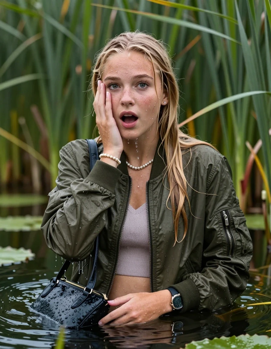 photo of young woman, in soaking wet, drenched clothes,
, , Bomber jacket, v-neck sweater belly free, shoulderbag, pearl necklace, bracelet, wristwatch, Go back in the water after diving in a lake with water lilies and reeds, 
enjoying, wet clothes stuck to body,
detailed textures of the wet clothes, wet face, wet plastered hair,
wet, drenched, professional, high-quality details, full body view.
sharp focus, ultra-high pixel detail, realistic, high-quality, full colors, incredibly detailed, 4k, 8k, 16k, hyper-realistic, RAW photo, masterpiece, ultra-detailed, professionally color graded, professional photograph, Blonde sleek Long straight hair

15 years old  teenage girl

Looking at camera, open mouth, big eyes. Hold a hand on her face. Whole body and shoulders are submerged under the surface.

she is completely underwater up to her neck,  horny and shocked expression.

She hides in the reeds.

her submerged clothes are hardly vusible under water, she soaked her handbag into the water

her clothing is soaking wet and clinging tightly to her skin, showing heavy wet folds, darkened fabric texture, and deep water-saturated Patches, her clothes are heavy from the water, water runs from her body and her clothes in streams. A lot of water also runs out of her clothes. Her clothes are darkened by the water. Her submerged clothes are good visible under the water.  she soaked her handbag into the water.

close up view, wet skin, wet clothes, wet hair, damp fabric, water runs down the clothes, wet skin, wet clothes, damp fabric. cinematic medium shot, hyper-realistic wetness, high-contrast water sheen, sharp focus, 16k resolution, professional photography, realistic water physics., wet skin, wet clothes, damp fabric, wet skin, wet clothes, damp fabric, wet skin, wet clothes, damp fabric