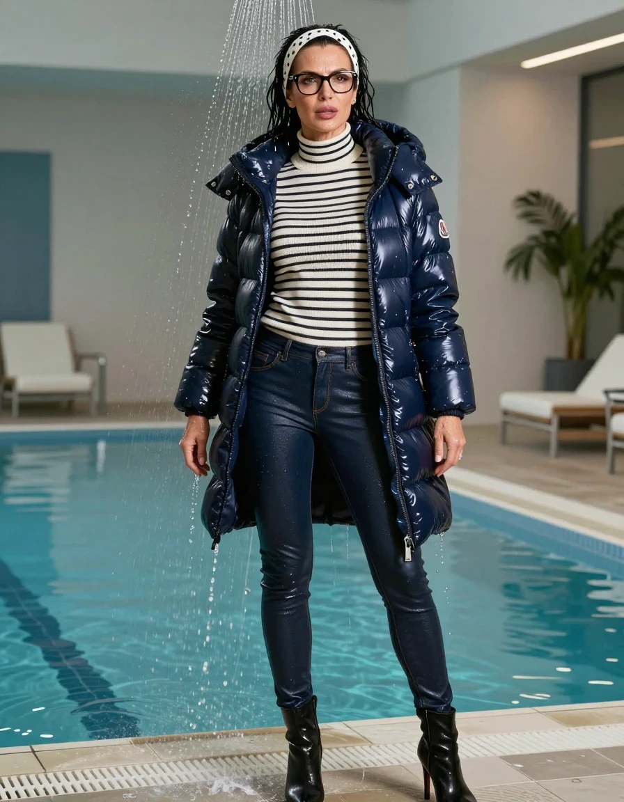 photo of young woman, in soaking wet, drenched clothes,
high-heeled boots, long dark blue leather jeans, white & black striped high-neck sweater, maxi dark blue Moncler Shiny puffer down jacket, taking shower after bath in indoor swimming pool, enjoying wet clothes stuck body, enjoying, wet clothes stuck to body, 
enjoying, wet clothes stuck to body,
detailed textures of the wet clothes, wet face, wet plastered hair,
wet, drenched, professional, high-quality details, full body view.
sharp focus, ultra-high pixel detail, realistic, high-quality, full colors, incredibly detailed, 4k, 8k, 16k, hyper-realistic, RAW photo, masterpiece, ultra-detailed, professionally color graded, professional photograph, europen brunette skinny woman 50 years old, long dark black hair, white headband with black polka dots, office glasses, very big and thick lips, complete body, wet skin, wet clothes, damp fabric, wet skin, wet clothes, damp fabric, wet skin, wet clothes, damp fabric, wet skin, wet clothes, damp fabric, wet skin, wet clothes, damp fabric, wet skin, wet clothes, damp fabric, wet skin, wet clothes, damp fabric