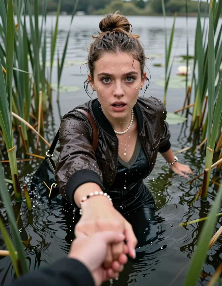 photo of young woman, in soaking wet, drenched clothes,
, black leatherleggings , Bomber jacket, v-neck sweater, shoulderbag, pearl necklace, bracelet, wristwatch, Go back deep into the water after diving in a lake with water lilies and reeds, 
enjoying, wet clothes stuck to body,
detailed textures of the wet clothes, wet face, wet plastered hair,
wet, drenched, professional, high-quality details, full body view.
sharp focus, ultra-high pixel detail, realistic, high-quality, full colors, incredibly detailed, 4k, 8k, 16k, hyper-realistic, RAW photo, masterpiece, ultra-detailed, professionally color graded, professional photograph, Topknot

15 years old  teenage girl

Looking up, head in the neck, open mouth, big eyes. hold with her hands the other the viewer's hand, pulling them toward the center of the water.  Whole body and shoulders are submerged under the surface. Looking up at camera. horny eyes.

she is completely underwater up to her neck,  afraid and sexuell astonished expression.

She hides in the reeds.

her submerged clothes are hardly vusible under water, she soaked her handbag into the water
she is completely underwater up to her neck, afraid and astonished expression. 

her clothing is soaking wet and clinging tightly to her skin, showing heavy wet folds, darkened fabric texture, and deep water-saturated Patches, her clothes are heavy from the water, water runs from her body and her clothes in streams. A lot of water also runs out of her clothes. Her clothes are darkened by the water. Her submerged clothes are good visible under the water.  she soaked her handbag into the water.

close up view, wet skin, wet clothes, wet hair, damp fabric, water runs down the clothes, wet skin, wet clothes, damp fabric. cinematic medium shot, hyper-realistic wetness, high-contrast water sheen, sharp focus, 16k resolution, professional photography, realistic water physics., wet skin, wet clothes, damp fabric, wet skin, wet clothes, damp fabric, wet skin, wet clothes, damp fabric