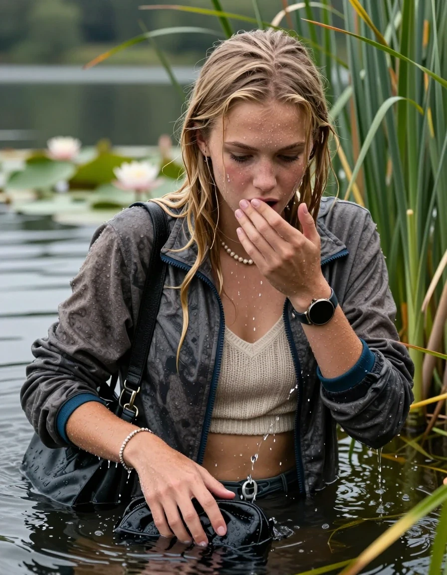 photo of young woman, in soaking wet, drenched clothes,
, , Fleece jacket, Knit v-neck slipover belly free, shoulderbag, pearl necklace, bracelet, wristwatch, Go back in the water after diving in a lake with water lilies and reeds, 
enjoying, wet clothes stuck to body,
detailed textures of the wet clothes, wet face, wet plastered hair,
wet, drenched, professional, high-quality details, full body view.
sharp focus, ultra-high pixel detail, realistic, high-quality, full colors, incredibly detailed, 4k, 8k, 16k, hyper-realistic, RAW photo, masterpiece, ultra-detailed, professionally color graded, professional photograph, Slim  Blonde sleek Long straight hair

15 years old  teenage girl

Looking down, open mouth, horny eyes. Cover her mouth with her hand. Whole body and shoulders are submerged under the surface.

she is completely underwater up to her neck,  shocked expression.

She hides in the reeds.

her submerged clothes are hardly visible under water, she soaked her handbag into the water. 

her clothing is soaking wet and clinging tightly to her skin, her clothes are heavy from the water, water runs from her body and her clothes in streams. A lot of water also runs out of her clothes. Her clothes are darkened by the water. Her submerged clothes are good visible under the water.  she soaked her handbag into the water.

close up view, wet skin, wet clothes, wet hair, damp fabric, water runs down the clothes, wet skin, wet clothes, damp fabric. cinematic medium shot, hyper-realistic wetness, high-contrast water sheen, sharp focus, 16k resolution, professional photography, realistic water physics., wet skin, wet clothes, damp fabric, wet skin, wet clothes, damp fabric, wet skin, wet clothes, damp fabric, wet skin, wet clothes, damp fabric