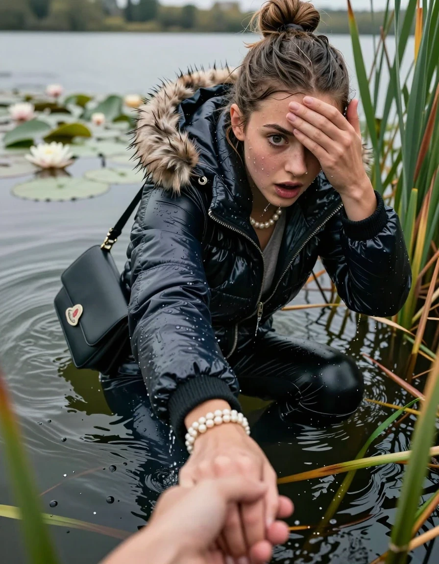 photo of young woman, in soaking wet, drenched clothes,
, black leatherleggings , Moncler shiny puffer down coat with fur, v-neck sweater, shoulderbag, pearl necklace, bracelet, wristwatch, Go back in the water after diving in a lake with water lilies and reeds, 
enjoying, wet clothes stuck to body,
detailed textures of the wet clothes, wet face, wet plastered hair,
wet, drenched, professional, high-quality details, full body view.
sharp focus, ultra-high pixel detail, realistic, high-quality, full colors, incredibly detailed, 4k, 8k, 16k, hyper-realistic, RAW photo, masterpiece, ultra-detailed, professionally color graded, professional photograph, Topknot

15 years old  teenage girl

Looking down, head in the neck, open mouth, big eyes. hold with a hand the viewer's hand, pulling them toward the center of the water.  The other hand covers her forehead. Whole body and shoulders are submerged under the surface. Looking up at camera. horny eyes.

she is completely underwater up to her neck,  frightened and horrified expression.

She hides in the reeds.

her submerged clothes are hardly vusible under water, she soaked her handbag into the water
she is completely underwater up to her neck, afraid and astonished expression. 

her clothing is soaking wet and clinging tightly to her skin, showing heavy wet folds, darkened fabric texture, and deep water-saturated Patches, her clothes are heavy from the water, water runs from her body and her clothes in streams. A lot of water also runs out of her clothes. Her clothes are darkened by the water. Her submerged clothes are good visible under the water.  she soaked her handbag into the water.

close up view, wet skin, wet clothes, wet hair, damp fabric, water runs down the clothes, wet skin, wet clothes, damp fabric. cinematic medium shot, hyper-realistic wetness, high-contrast water sheen, sharp focus, 16k resolution, professional photography, realistic water physics., wet skin, wet clothes, damp fabric, wet skin, wet clothes, damp fabric