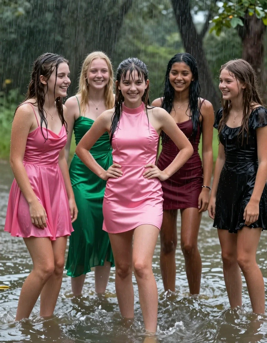 photo of young woman, in soaking wet, drenched clothes,
, , slim dress, 4 small college girls playing in a flooded forest in the heavy rain, 
enjoying, wet clothes stuck to body,
detailed textures of the wet clothes, wet face, wet plastered hair,
wet, drenched, professional, high-quality details, full body view.
sharp focus, ultra-high pixel detail, realistic, high-quality, full colors, incredibly detailed, 4k, 8k, 16k, hyper-realistic, RAW photo, masterpiece, ultra-detailed, professionally color graded, professional photograph, Small young college girls both having fun together. All a similar age, a small nineteen year old girl, with a flat and slim body, skinny body, flat and skinny chest, a She has a wide square young face but a small very skinny waist and skinny legs, a very small chest and very small breasts, she is a pale brunette with ponytail and bangs. She has a small body, She is full of youthful energy. wearing a bright pink formal satin cocktail dress with a highish neckline, a fit top and a loose base, she has her hands on her hips,. Her friend has blonde hair and large size DD breasts,a wide square face, she is wearing a green satin strapless prom dress. The third girl is 19, with a tan complexion and dark black hair, she is wearing a maroon mini dress, The 4th girl is brunette with a small body and thin legs, she is wearing a black cocktail dress with short sleeve, all of them except the blonde girl have very small breasts. wet skin, wet clothes, damp fabric,, wet skin, wet clothes, damp fabric, wet skin, wet clothes, damp fabric, wet skin, wet clothes, damp fabric, wet skin, wet clothes, damp fabric