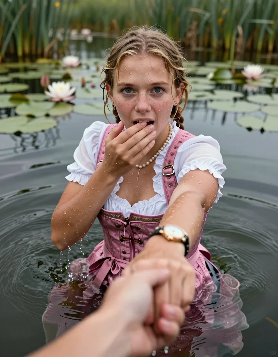 photo of young woman, in soaking wet, drenched clothes,
, , Short pink and white Dirndl, shoulderbag, pearl necklace, bracelet, wristwatch, Go back deep into the water after diving in a lake with water lilies and reeds, 
enjoying, wet clothes stuck to body,
detailed textures of the wet clothes, wet face, wet plastered hair,
wet, drenched, professional, high-quality details, full body view.
sharp focus, ultra-high pixel detail, realistic, high-quality, full colors, incredibly detailed, 4k, 8k, 16k, hyper-realistic, RAW photo, masterpiece, ultra-detailed, professionally color graded, professional photograph, Blonde Pigtails

15 years old  teenage girl

Looking at camera, open mouth, big eyes. hold with a hand the other the viewer's hand, pulling them toward the center of the water. One hand on her mouth. Whole body and shoulders are submerged under the surface. Looking up at camera. horny eyes.

she is completely underwater up to her neck,  afraid and astonished expression. Slightly smile.

her submerged clothes are hardly vusible under water, she soaked her handbag into the water
she is completely underwater up to her neck, afraid and astonished expression. 

her clothing is soaking wet and clinging tightly to her skin, showing heavy wet folds, darkened fabric texture, and deep water-saturated Patches, her clothes are heavy from the water, water runs from her body and her clothes in streams. A lot of water also runs out of her clothes. Her clothes are darkened by the water. Her submerged clothes are good visible under the water.  she soaked her handbag into the water.

close up view, wet skin, wet clothes, wet hair, damp fabric, water runs down the clothes, wet skin, wet clothes, damp fabric. cinematic medium shot, hyper-realistic wetness, high-contrast water sheen, sharp focus, 16k resolution, professional photography, realistic water physics., wet skin, wet clothes, damp fabric, wet skin, wet clothes, damp fabric, wet skin, wet clothes, damp fabric