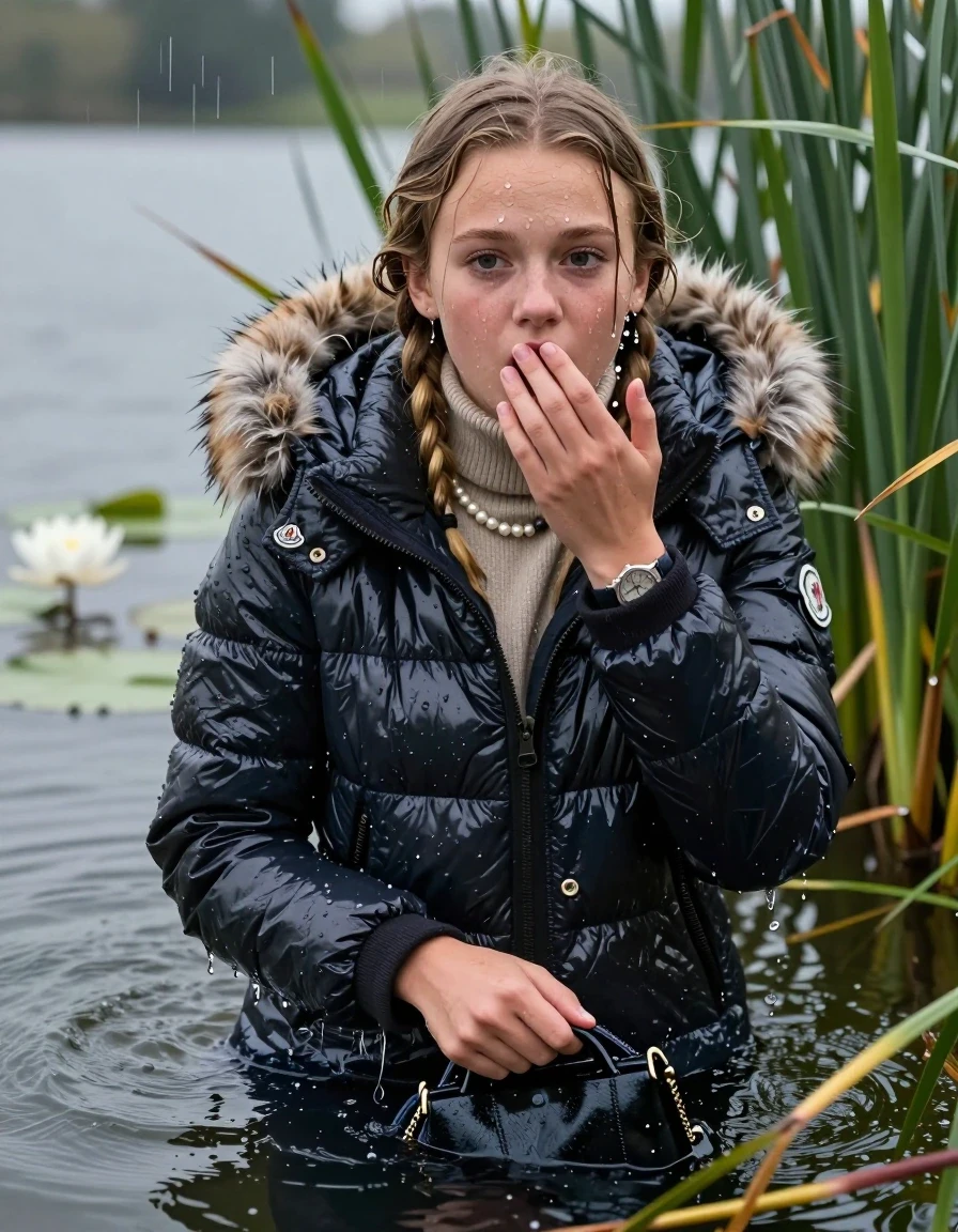 photo of young woman, in soaking wet, drenched clothes,
, , Moncler shiny puffer down coat with fur, tight turtleneck sweater with wide neckline belly free, handbag, pearl necklace, bracelet, wristwatch , Emerging after diving in a lake with water lilies and reeds, rain , 
enjoying, wet clothes stuck to body,
detailed textures of the wet clothes, wet face, wet plastered hair,
wet, drenched, professional, high-quality details, full body view.
sharp focus, ultra-high pixel detail, realistic, high-quality, full colors, incredibly detailed, 4k, 8k, 16k, hyper-realistic, RAW photo, masterpiece, ultra-detailed, professionally color graded, professional photograph, Blonde Pigtails

15 years old  teenage girl

Laying her breast on the surface.  Looking up at Camera . Hold her flat hand in front of her mouth. Water running down her face and neck and clothes.

she is completely underwater up to her neck, afraid and astonished expression but she giggles anyway.

She hides in the reeds and is surprised by spectators

her submerged clothes are hardly visible under water, she soaked her handbag into the water

her clothing is soaking wet and clinging tightly to her skin, showing heavy wet folds, darkened fabric texture, and deep water-saturated Patches, her clothes are heavy from the water, water runs from her body and her clothes in streams. A lot of water also runs out of her clothes. Her clothes are darkened by the water. Her submerged clothes are good visible under the water.  she soaked her handbag into the water.

close up view, wet skin, wet clothes, wet hair, damp fabric, water runs down the clothes, wet skin, wet clothes, damp fabric. cinematic medium shot, hyper-realistic wetness, high-contrast water sheen, sharp focus, 16k resolution, professional photography, realistic water physics., wet skin, wet clothes, damp fabric, wet skin, wet clothes, damp fabric