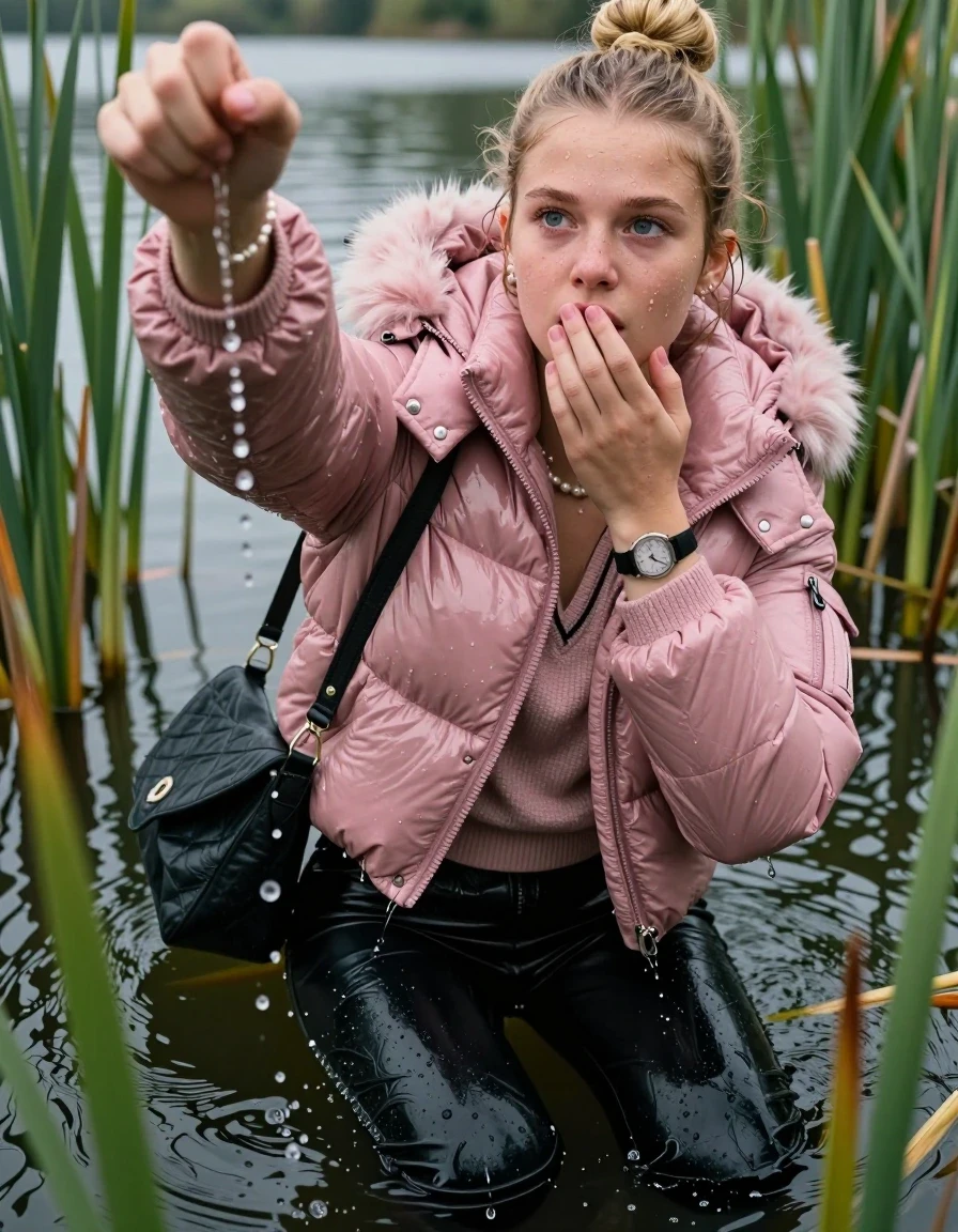 photo of young woman, in soaking wet, drenched clothes,
, black leatherleggings , Pink Moncler shiny puffer down coat with fur, v-neck sweater, shoulderbag, pearl necklace, bracelet, wristwatch, Go back in the water after diving in a lake with water lilies and reeds, 
enjoying, wet clothes stuck to body,
detailed textures of the wet clothes, wet face, wet plastered hair,
wet, drenched, professional, high-quality details, full body view.
sharp focus, ultra-high pixel detail, realistic, high-quality, full colors, incredibly detailed, 4k, 8k, 16k, hyper-realistic, RAW photo, masterpiece, ultra-detailed, professionally color graded, professional photograph, Blonde Topknot

15 years old  teenage girl

Looking slightly away, open mouth, big eyes. hold with a hand the viewer's hand, pulling them toward the center of the water.  The other hand covers her mouth. Whole body and shoulders are submerged under the surface. Looking up at camera. horny eyes.

she is completely underwater up to her neck,  sad but enjoying expression.

She hides in the reeds.

her submerged clothes are hardly vusible under water, she soaked her handbag into the water
she is completely underwater up to her neck, afraid and astonished expression. 

her clothing is soaking wet and clinging tightly to her skin, showing heavy wet folds, darkened fabric texture, and deep water-saturated Patches, her clothes are heavy from the water, water runs from her body and her clothes in streams. A lot of water also runs out of her clothes. Her clothes are darkened by the water. Her submerged clothes are good visible under the water.  she soaked her handbag into the water.

close up view, wet skin, wet clothes, wet hair, damp fabric, water runs down the clothes, wet skin, wet clothes, damp fabric. cinematic medium shot, hyper-realistic wetness, high-contrast water sheen, sharp focus, 16k resolution, professional photography, realistic water physics., wet skin, wet clothes, damp fabric, wet skin, wet clothes, damp fabric, wet skin, wet clothes, damp fabric