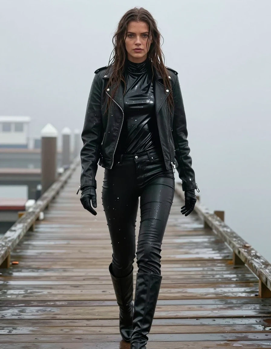 A photorealistic medium shot of a young adult European woman with long, dripping wet brown hair, walking along a wooden pier at the docks during a heavy mist. She is wearing an oversize black vinyl polar neck shirt that clings to her frame, layered under a rugged black biker's leather jacket, with leather gloves on both hands. Her legs are clad in black leather jeans, showing a deep, soaked-in sheen and heavy, realistic folds. She wears polished black leather knee-high boots. Her skin is visibly wet, glistening with water sheen, and her clothes are saturated, heavy with moisture, and clinging to her body. The environment is atmospheric and damp, with thick mist obscuring the background docks. The lighting is moody and overcast, emphasizing the glossy specular reflections on the wet vinyl, leather, and skin. High-detail photographic quality, sharp focus on the textures of the dripping hair and wet fabric, fully clothed, modest attire, no nudity.