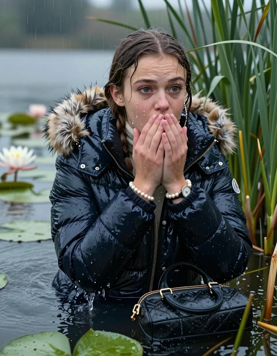 photo of young woman, in soaking wet, drenched clothes,
, , Moncler shiny puffer down jacket with fur, tight turtleneck sweater with wide neckline belly free, handbag, pearl necklace, bracelet, wristwatch , Emerging after diving in a lake with water lilies and reeds, rain , 
enjoying, wet clothes stuck to body,
detailed textures of the wet clothes, wet face, wet plastered hair,
wet, drenched, professional, high-quality details, full body view.
sharp focus, ultra-high pixel detail, realistic, high-quality, full colors, incredibly detailed, 4k, 8k, 16k, hyper-realistic, RAW photo, masterpiece, ultra-detailed, professionally color graded, professional photograph, Pigtails

15 years old  teenage girl

Laying her breast on the surface.  Looking at Camera . Hold her hands on her mouth.Open mouth, big eyes. Water running down her face and neck and clothes.

she is completely underwater up to her neck, afraid and astonished expression. 

She hides in the reeds and is surprised by spectators

her submerged clothes are hardly visible under water, she soaked her handbag into the water

her clothing is soaking wet and clinging tightly to her skin, showing heavy wet folds, darkened fabric texture, and deep water-saturated Patches, her clothes are heavy from the water, water runs from her body and her clothes in streams. A lot of water also runs out of her clothes. Her clothes are darkened by the water. Her submerged clothes are good visible under the water.  she soaked her handbag into the water.

close up view, wet skin, wet clothes, wet hair, damp fabric, water runs down the clothes, wet skin, wet clothes, damp fabric. cinematic medium shot, hyper-realistic wetness, high-contrast water sheen, sharp focus, 16k resolution, professional photography, realistic water physics., wet skin, wet clothes, damp fabric, wet skin, wet clothes, damp fabric