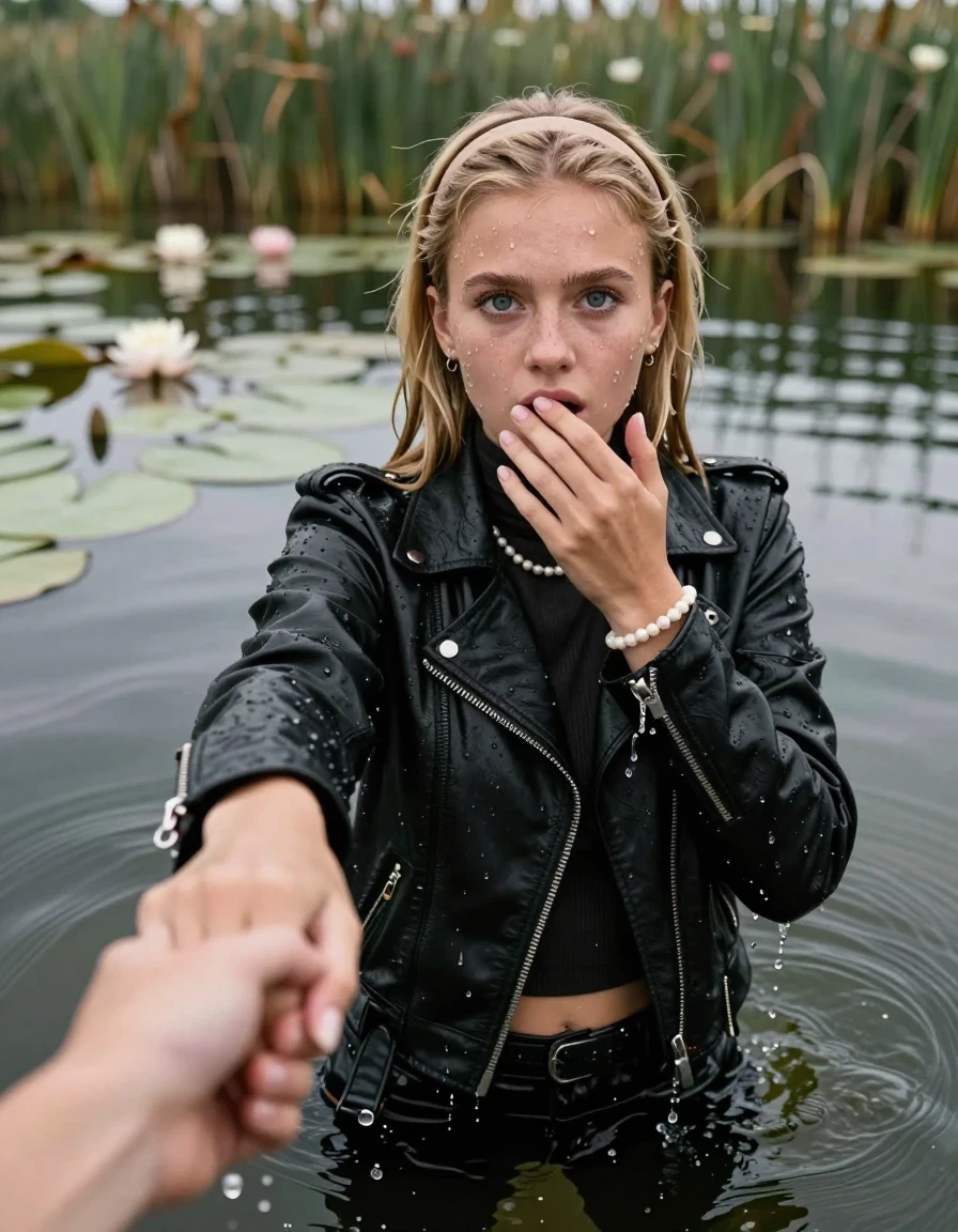 photo of young woman, in soaking wet, drenched clothes,
, , Black biker leatherjacket, tight turtleneck sweater belly free, shoulderbag, pearl necklace, bracelet, wristwatch, Go back deep into the water after diving in a lake with water lilies and reeds, 
enjoying, wet clothes stuck to body,
detailed textures of the wet clothes, wet face, wet plastered hair,
wet, drenched, professional, high-quality details, full body view.
sharp focus, ultra-high pixel detail, realistic, high-quality, full colors, incredibly detailed, 4k, 8k, 16k, hyper-realistic, RAW photo, masterpiece, ultra-detailed, professionally color graded, professional photograph, Blonde Sleek long straight hair with a hairband

15 years old  teenage girl

Looking up at camera, hold with a hand the other the viewer's hand, pulling them toward the center of the water. One hand on her mouth. Whole body and shoulders are submerged under the surface. Looking up at camera. horny eyes.

she is completely underwater up to her neck,  afraid and astonished expression. 

her submerged clothes are hardly vusible under water, she soaked her handbag into the water
she is completely underwater up to her neck, afraid and astonished expression. 

her clothing is soaking wet and clinging tightly to her skin, showing heavy wet folds, darkened fabric texture, and deep water-saturated Patches, her clothes are heavy from the water, water runs from her body and her clothes in streams. A lot of water also runs out of her clothes. Her clothes are darkened by the water. Her submerged clothes are good visible under the water.  she soaked her handbag into the water.

close up view, wet skin, wet clothes, wet hair, damp fabric, water runs down the clothes, wet skin, wet clothes, damp fabric. cinematic medium shot, hyper-realistic wetness, high-contrast water sheen, sharp focus, 16k resolution, professional photography, realistic water physics., wet skin, wet clothes, damp fabric, wet skin, wet clothes, damp fabric, wet skin, wet clothes, damp fabric, wet skin, wet clothes, damp fabric