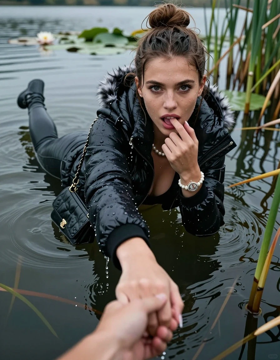 photo of young woman, in soaking wet, drenched clothes,
, black leatherleggings , Moncler shiny puffer down coat with fur, tight sexy longsleeve crop top with wide neckline belly free, handbag, pearl necklace, bracelet, wristwatch, Emerging after diving in a lake with water lilies and reeds, 
enjoying, wet clothes stuck to body,
detailed textures of the wet clothes, wet face, wet plastered hair,
wet, drenched, professional, high-quality details, full body view.
sharp focus, ultra-high pixel detail, realistic, high-quality, full colors, incredibly detailed, 4k, 8k, 16k, hyper-realistic, RAW photo, masterpiece, ultra-detailed, professionally color graded, professional photograph, Topknot

15 years old  teenage girl

open mouth, big eyes. 0ne hand with a finger at her tongue  inside her mouth, hold with the other the viewer's hand, pulling them toward the center of the water. Laying her breast and arms on the surface.  Whole body and shoulders are submerged under the surface. Looking up at camera. horny eyes.

she is completely underwater up to her neck,  horny and sexuell aroused expression.

She hides in the reeds.

her submerged clothes are hardly vusible under water, she soaked her handbag into the water
she is completely underwater up to her neck, afraid and astonished expression. 

her clothing is soaking wet and clinging tightly to her skin, showing heavy wet folds, darkened fabric texture, and deep water-saturated Patches, her clothes are heavy from the water, water runs from her body and her clothes in streams. A lot of water also runs out of her clothes. Her clothes are darkened by the water. Her submerged clothes are good visible under the water.  she soaked her handbag into the water.

close up view, wet skin, wet clothes, wet hair, damp fabric, water runs down the clothes, wet skin, wet clothes, damp fabric. cinematic medium shot, hyper-realistic wetness, high-contrast water sheen, sharp focus, 16k resolution, professional photography, realistic water physics., wet skin, wet clothes, damp fabric, wet skin, wet clothes, damp fabric
