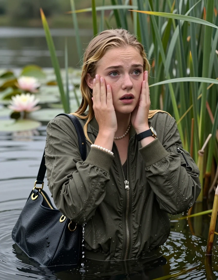 photo of young woman, in soaking wet, drenched clothes,
, , Bomber jacket, v-neck sweater, shoulderbag, pearl necklace, bracelet, wristwatch, Go back in the water after diving in a lake with water lilies and reeds, 
enjoying, wet clothes stuck to body,
detailed textures of the wet clothes, wet face, wet plastered hair,
wet, drenched, professional, high-quality details, full body view.
sharp focus, ultra-high pixel detail, realistic, high-quality, full colors, incredibly detailed, 4k, 8k, 16k, hyper-realistic, RAW photo, masterpiece, ultra-detailed, professionally color graded, professional photograph, Blonde sleek Long straight hair

15 years old  teenage girl

Looking slightly away, open mouth, big eyes. hands on her face. Whole body and shoulders are submerged under the surface.

she is completely underwater up to her neck,  sad but enjoying expression.

She hides in the reeds.

her submerged clothes are hardly vusible under water, she soaked her handbag into the water
she is completely underwater up to her neck, afraid and astonished expression. 

her clothing is soaking wet and clinging tightly to her skin, showing heavy wet folds, darkened fabric texture, and deep water-saturated Patches, her clothes are heavy from the water, water runs from her body and her clothes in streams. A lot of water also runs out of her clothes. Her clothes are darkened by the water. Her submerged clothes are good visible under the water.  she soaked her handbag into the water.

close up view, wet skin, wet clothes, wet hair, damp fabric, water runs down the clothes, wet skin, wet clothes, damp fabric. cinematic medium shot, hyper-realistic wetness, high-contrast water sheen, sharp focus, 16k resolution, professional photography, realistic water physics., wet skin, wet clothes, damp fabric, wet skin, wet clothes, damp fabric, wet skin, wet clothes, damp fabric