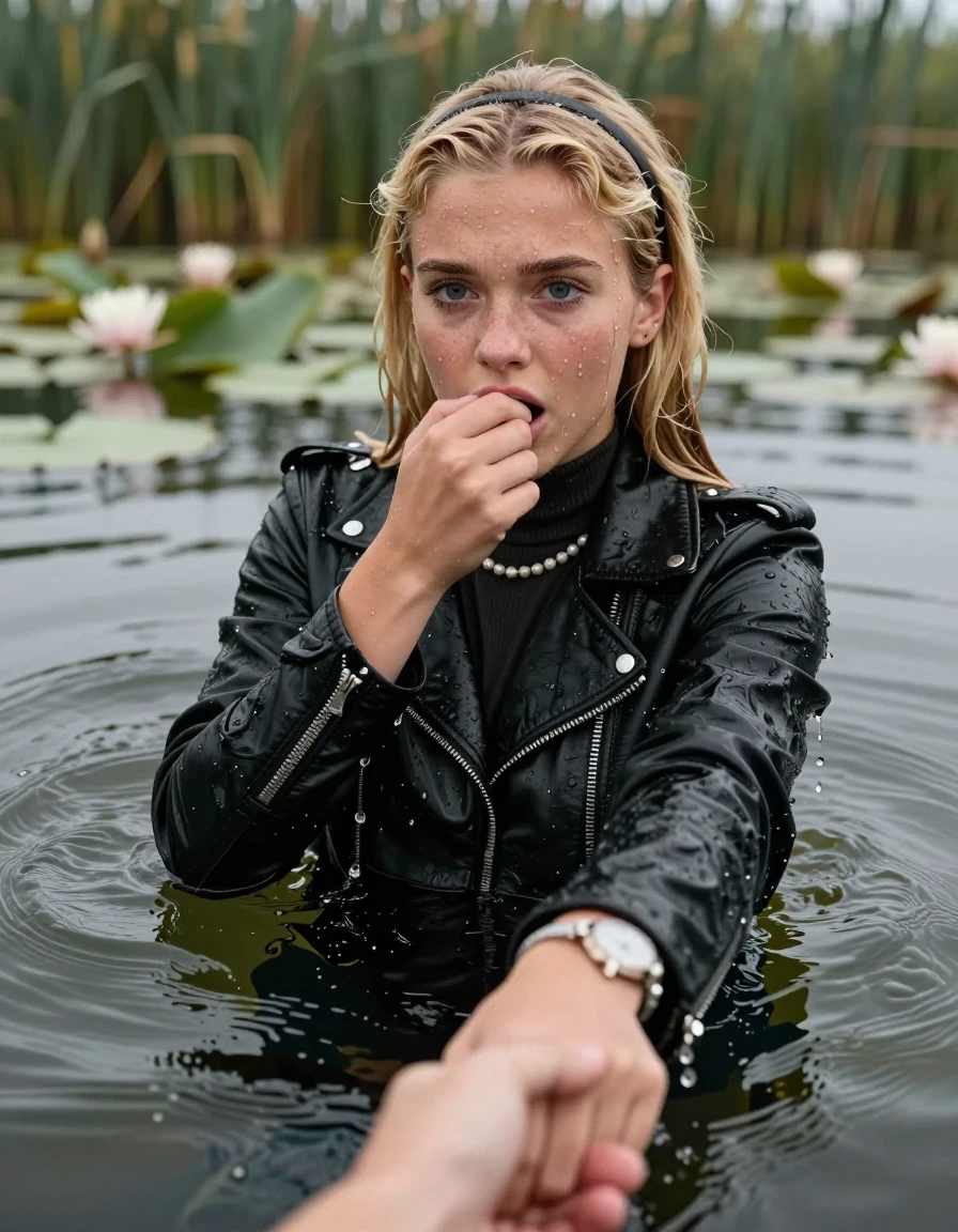 photo of young woman, in soaking wet, drenched clothes,
, , Black biker leatherjacket, tight turtleneck sweater belly free, shoulderbag, pearl necklace, bracelet, wristwatch, Go back deep into the water after diving in a lake with water lilies and reeds, 
enjoying, wet clothes stuck to body,
detailed textures of the wet clothes, wet face, wet plastered hair,
wet, drenched, professional, high-quality details, full body view.
sharp focus, ultra-high pixel detail, realistic, high-quality, full colors, incredibly detailed, 4k, 8k, 16k, hyper-realistic, RAW photo, masterpiece, ultra-detailed, professionally color graded, professional photograph, Blonde Sleek long straight hair with a hairband

15 years old  teenage girl

Looking up at camera, hold with a hand the other the viewer's hand, pulling them toward the center of the water. One hand on her mouth. Whole body and shoulders are submerged under the surface. Looking up at camera. horny eyes.

she is completely underwater up to her neck,  afraid and astonished expression. 

her submerged clothes are hardly vusible under water, she soaked her handbag into the water
she is completely underwater up to her neck, afraid and astonished expression. 

her clothing is soaking wet and clinging tightly to her skin, showing heavy wet folds, darkened fabric texture, and deep water-saturated Patches, her clothes are heavy from the water, water runs from her body and her clothes in streams. A lot of water also runs out of her clothes. Her clothes are darkened by the water. Her submerged clothes are good visible under the water.  she soaked her handbag into the water.

close up view, wet skin, wet clothes, wet hair, damp fabric, water runs down the clothes, wet skin, wet clothes, damp fabric. cinematic medium shot, hyper-realistic wetness, high-contrast water sheen, sharp focus, 16k resolution, professional photography, realistic water physics., wet skin, wet clothes, damp fabric, wet skin, wet clothes, damp fabric, wet skin, wet clothes, damp fabric, wet skin, wet clothes, damp fabric