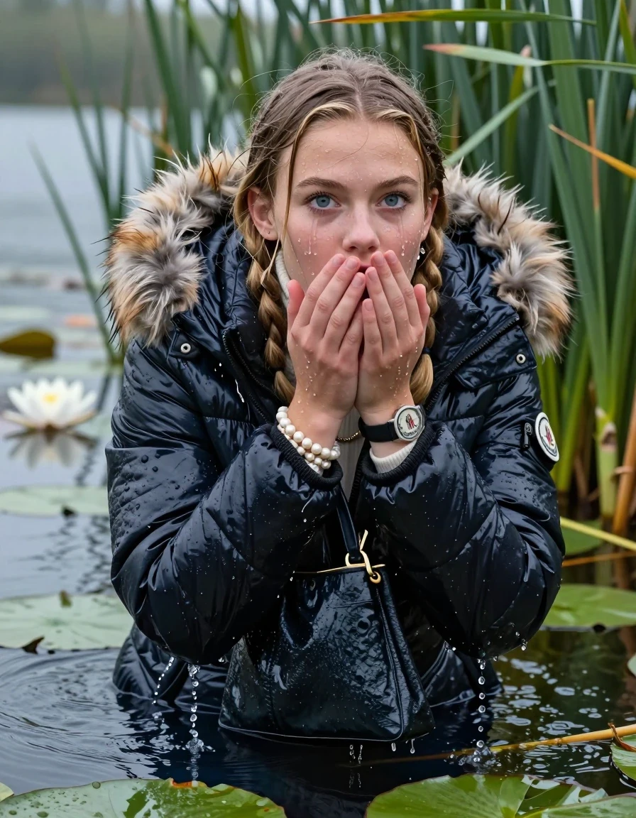 photo of young woman, in soaking wet, drenched clothes,
, , Moncler shiny puffer down coat with fur, tight turtleneck sweater with wide neckline belly free, handbag, pearl necklace, bracelet, wristwatch , Emerging after diving in a lake with water lilies and reeds, rain , 
enjoying, wet clothes stuck to body,
detailed textures of the wet clothes, wet face, wet plastered hair,
wet, drenched, professional, high-quality details, full body view.
sharp focus, ultra-high pixel detail, realistic, high-quality, full colors, incredibly detailed, 4k, 8k, 16k, hyper-realistic, RAW photo, masterpiece, ultra-detailed, professionally color graded, professional photograph, Blonde Pigtails

15 years old  teenage girl

Laying her breast on the surface.  Looking up at Camera . Hold her flat hands on her mouth. Water running down her face and neck and clothes.

she is completely underwater up to her neck, afraid and astonished expression but she giggles anyway.  Look incredulous.

She hides in the reeds and is surprised by spectators

her submerged clothes are hardly visible under water, she soaked her handbag into the water

her clothing is soaking wet and clinging tightly to her skin, showing heavy wet folds, darkened fabric texture, and deep water-saturated Patches, her clothes are heavy from the water, water runs from her body and her clothes in streams. A lot of water also runs out of her clothes. Her clothes are darkened by the water. Her submerged clothes are good visible under the water.  she soaked her handbag into the water.

close up view, wet skin, wet clothes, wet hair, damp fabric, water runs down the clothes, wet skin, wet clothes, damp fabric. cinematic medium shot, hyper-realistic wetness, high-contrast water sheen, sharp focus, 16k resolution, professional photography, realistic water physics., wet skin, wet clothes, damp fabric, wet skin, wet clothes, damp fabric