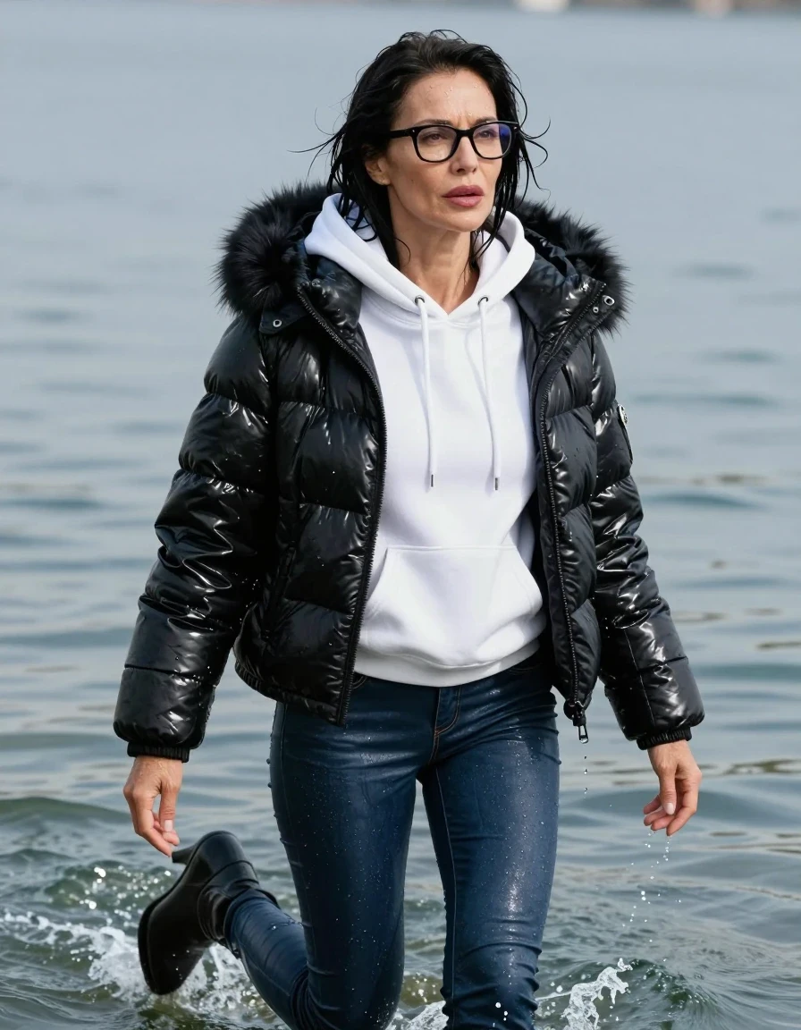 photo of young woman, in soaking wet, drenched clothes,
high-heeled boots, long dark blue leather jeans, white hoodie, maxi black Moncler Shiny puffer down jacket with fur, swimming under water, enjoying wet clothes stuck body, enjoying, wet clothes stuck to body, 
enjoying, wet clothes stuck to body,
detailed textures of the wet clothes, wet face, wet plastered hair,
wet, drenched, professional, high-quality details, full body view.
sharp focus, ultra-high pixel detail, realistic, high-quality, full colors, incredibly detailed, 4k, 8k, 16k, hyper-realistic, RAW photo, masterpiece, ultra-detailed, professionally color graded, professional photograph, europen brunette skinny woman 50 years old, long dark black hair, office glasses, very big and thick lips, complete body, wet skin, wet clothes, damp fabric, wet skin, wet clothes, damp fabric, wet skin, wet clothes, damp fabric, wet skin, wet clothes, damp fabric, wet skin, wet clothes, damp fabric, wet skin, wet clothes, damp fabric, wet skin, wet clothes, damp fabric