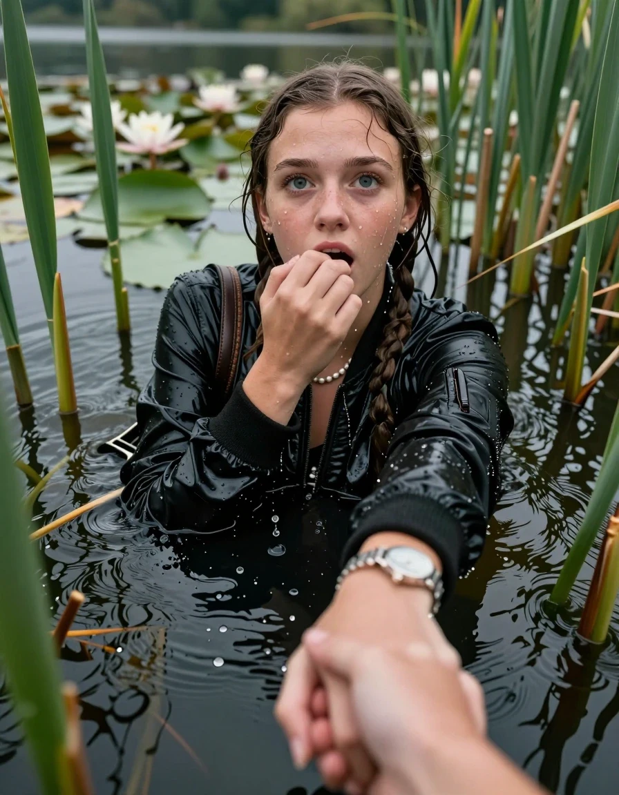 photo of young woman, in soaking wet, drenched clothes,
, black leatherleggings , Bomber jacket, v-neck sweater, shoulderbag, pearl necklace, bracelet, wristwatch, Go back deep into the water after diving in a lake with water lilies and reeds, 
enjoying, wet clothes stuck to body,
detailed textures of the wet clothes, wet face, wet plastered hair,
wet, drenched, professional, high-quality details, full body view.
sharp focus, ultra-high pixel detail, realistic, high-quality, full colors, incredibly detailed, 4k, 8k, 16k, hyper-realistic, RAW photo, masterpiece, ultra-detailed, professionally color graded, professional photograph, Pigtails

15 years old  teenage girl

Looking up, head in the neck, open mouth, big eyes. hold with a hand the other the viewer's hand, pulling them toward the center of the water. One hand on her mouth. Whole body and shoulders are submerged under the surface. Looking up at camera. horny eyes.

she is completely underwater up to her neck,  afraid and astonished expression.

She hides in the reeds.

her submerged clothes are hardly vusible under water, she soaked her handbag into the water
she is completely underwater up to her neck, afraid and astonished expression. 

her clothing is soaking wet and clinging tightly to her skin, showing heavy wet folds, darkened fabric texture, and deep water-saturated Patches, her clothes are heavy from the water, water runs from her body and her clothes in streams. A lot of water also runs out of her clothes. Her clothes are darkened by the water. Her submerged clothes are good visible under the water.  she soaked her handbag into the water.

close up view, wet skin, wet clothes, wet hair, damp fabric, water runs down the clothes, wet skin, wet clothes, damp fabric. cinematic medium shot, hyper-realistic wetness, high-contrast water sheen, sharp focus, 16k resolution, professional photography, realistic water physics., wet skin, wet clothes, damp fabric, wet skin, wet clothes, damp fabric, wet skin, wet clothes, damp fabric