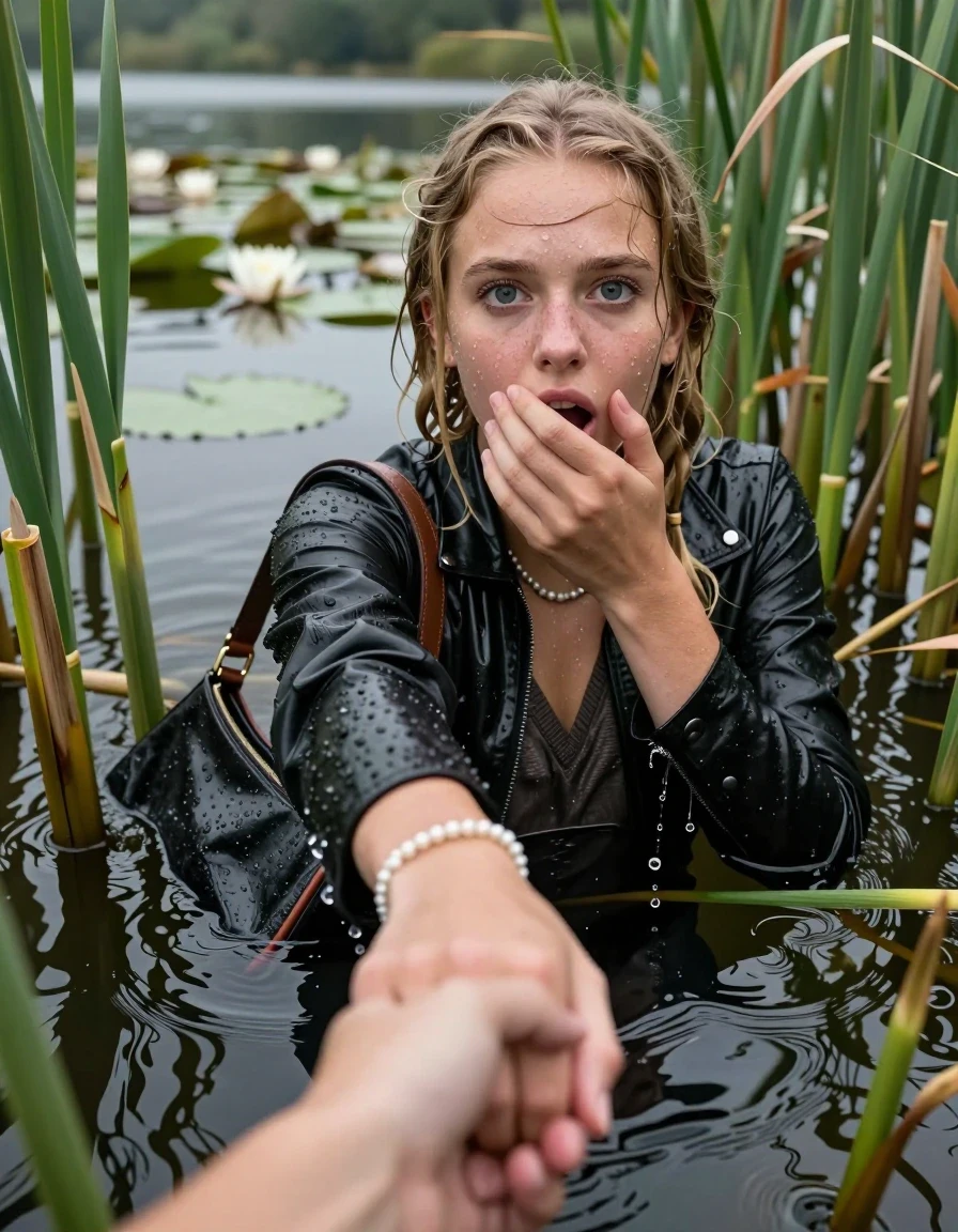 photo of young woman, in soaking wet, drenched clothes,
, black leatherleggings , Learherjacket, v-neck sweater, shoulderbag, pearl necklace, bracelet, wristwatch, Go back deep into the water after diving in a lake with water lilies and reeds, 
enjoying, wet clothes stuck to body,
detailed textures of the wet clothes, wet face, wet plastered hair,
wet, drenched, professional, high-quality details, full body view.
sharp focus, ultra-high pixel detail, realistic, high-quality, full colors, incredibly detailed, 4k, 8k, 16k, hyper-realistic, RAW photo, masterpiece, ultra-detailed, professionally color graded, professional photograph, Blonde Pigtails

15 years old  teenage girl

Looking up, head in the neck, open mouth, big eyes. hold with a hand the other the viewer's hand, pulling them toward the center of the water. One hand on her mouth. Whole body and shoulders are submerged under the surface. Looking up at camera. horny eyes.

she is completely underwater up to her neck,  afraid and astonished expression.

She hides in the reeds.

her submerged clothes are hardly vusible under water, she soaked her handbag into the water
she is completely underwater up to her neck, afraid and astonished expression. 

her clothing is soaking wet and clinging tightly to her skin, showing heavy wet folds, darkened fabric texture, and deep water-saturated Patches, her clothes are heavy from the water, water runs from her body and her clothes in streams. A lot of water also runs out of her clothes. Her clothes are darkened by the water. Her submerged clothes are good visible under the water.  she soaked her handbag into the water.

close up view, wet skin, wet clothes, wet hair, damp fabric, water runs down the clothes, wet skin, wet clothes, damp fabric. cinematic medium shot, hyper-realistic wetness, high-contrast water sheen, sharp focus, 16k resolution, professional photography, realistic water physics., wet skin, wet clothes, damp fabric, wet skin, wet clothes, damp fabric, wet skin, wet clothes, damp fabric