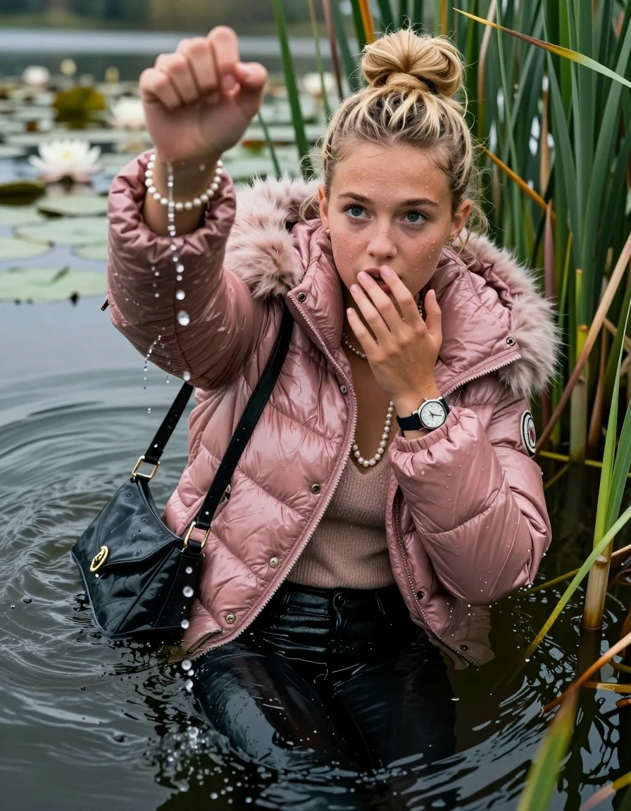 photo of young woman, in soaking wet, drenched clothes,
, black leatherleggings , Pink Moncler shiny puffer down coat with fur, v-neck sweater, shoulderbag, pearl necklace, bracelet, wristwatch, Go back in the water after diving in a lake with water lilies and reeds, 
enjoying, wet clothes stuck to body,
detailed textures of the wet clothes, wet face, wet plastered hair,
wet, drenched, professional, high-quality details, full body view.
sharp focus, ultra-high pixel detail, realistic, high-quality, full colors, incredibly detailed, 4k, 8k, 16k, hyper-realistic, RAW photo, masterpiece, ultra-detailed, professionally color graded, professional photograph, Blonde Topknot

15 years old  teenage girl

Looking slightly away, open mouth, big eyes. hold with a hand the viewer's hand, pulling them toward the center of the water.  The other hand covers her mouth. Whole body and shoulders are submerged under the surface. Looking up at camera. horny eyes.

she is completely underwater up to her neck,  sad but enjoying expression.

She hides in the reeds.

her submerged clothes are hardly vusible under water, she soaked her handbag into the water
she is completely underwater up to her neck, afraid and astonished expression. 

her clothing is soaking wet and clinging tightly to her skin, showing heavy wet folds, darkened fabric texture, and deep water-saturated Patches, her clothes are heavy from the water, water runs from her body and her clothes in streams. A lot of water also runs out of her clothes. Her clothes are darkened by the water. Her submerged clothes are good visible under the water.  she soaked her handbag into the water.

close up view, wet skin, wet clothes, wet hair, damp fabric, water runs down the clothes, wet skin, wet clothes, damp fabric. cinematic medium shot, hyper-realistic wetness, high-contrast water sheen, sharp focus, 16k resolution, professional photography, realistic water physics., wet skin, wet clothes, damp fabric, wet skin, wet clothes, damp fabric